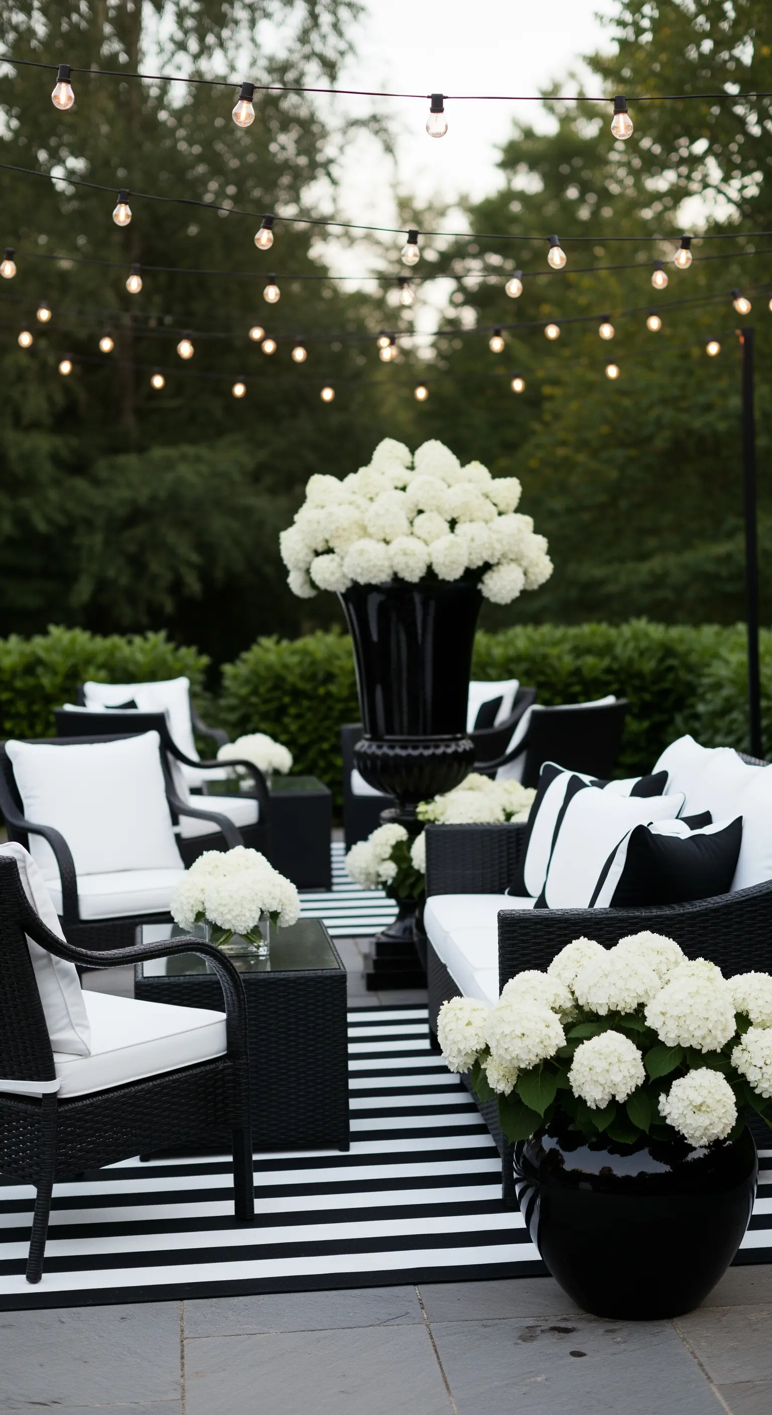 Schwarz-weiße Terrasse mit Hortensien und Streifenteppich