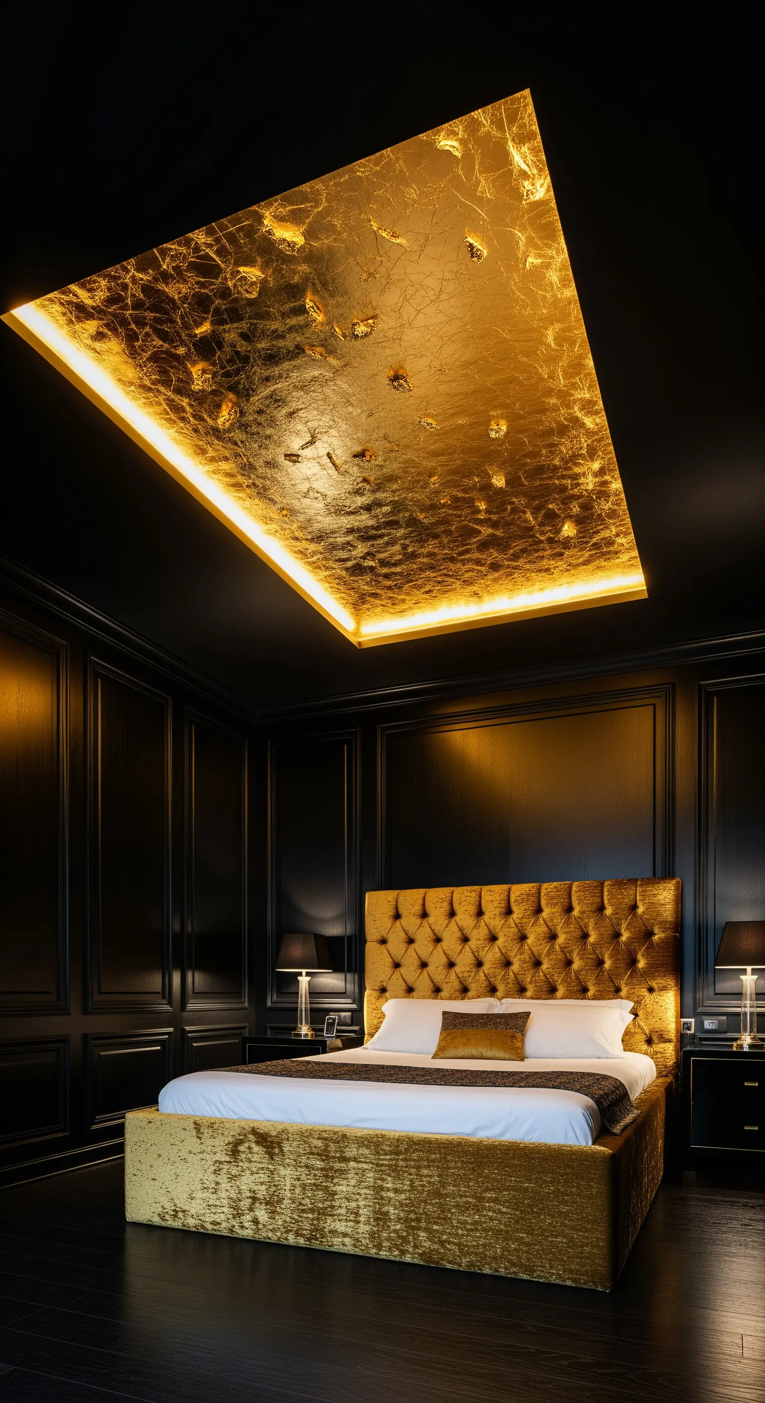 Schwarzes Schlafzimmer Golddecke beleuchtet