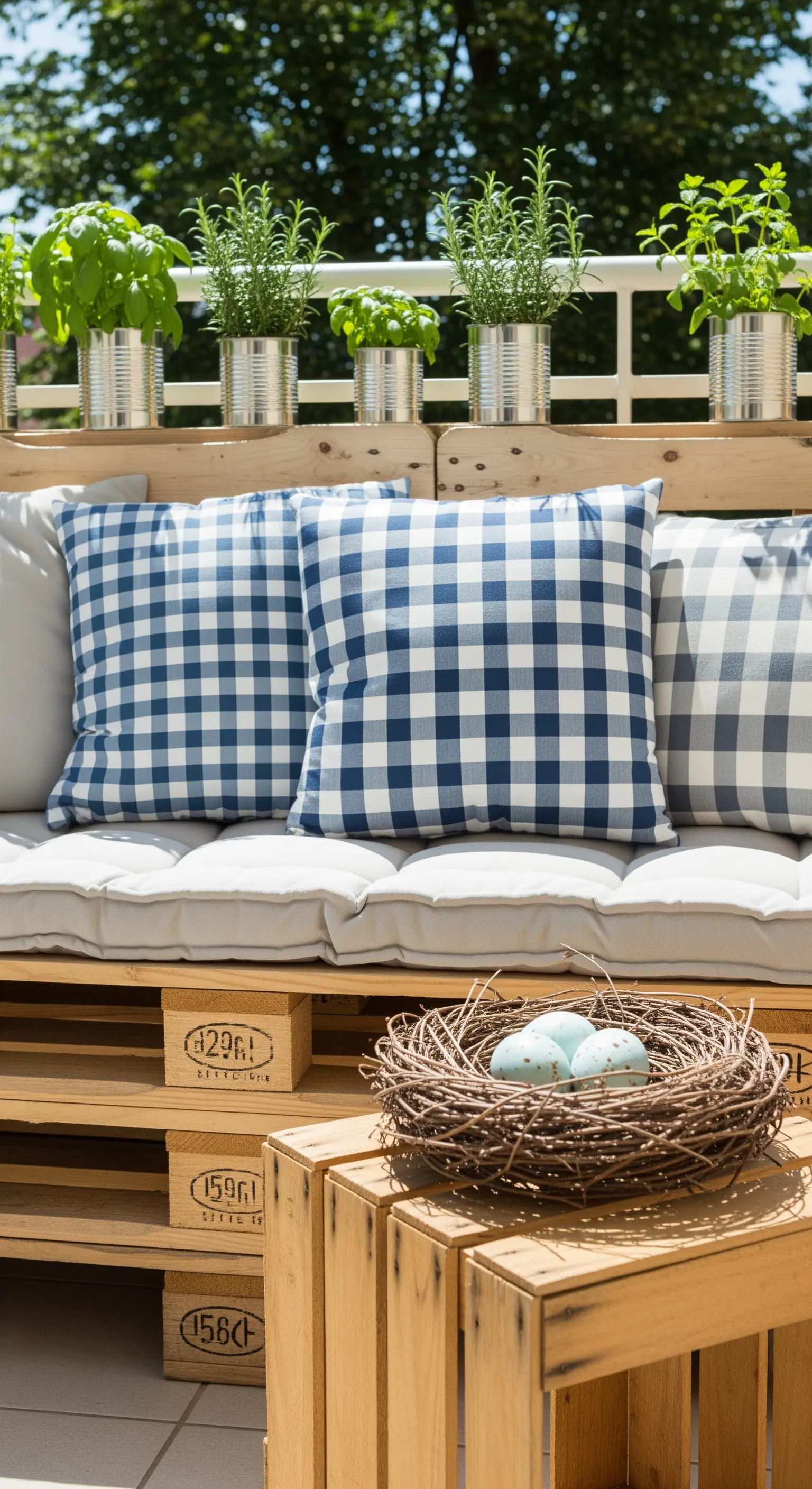 Palettensofa mit Karo-Kissen und Vogelnest