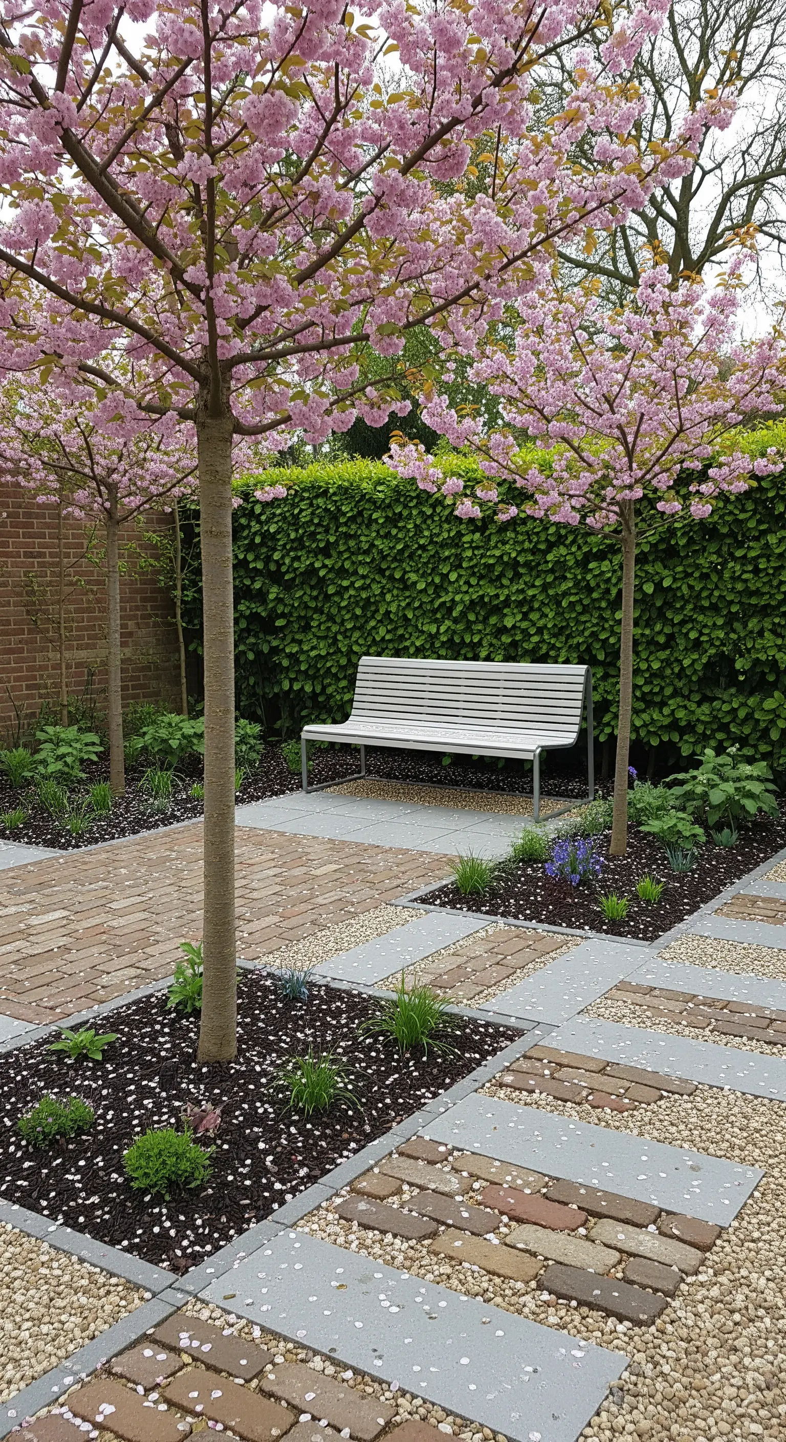 Moderne Bank unter blühendem Kirschbaum