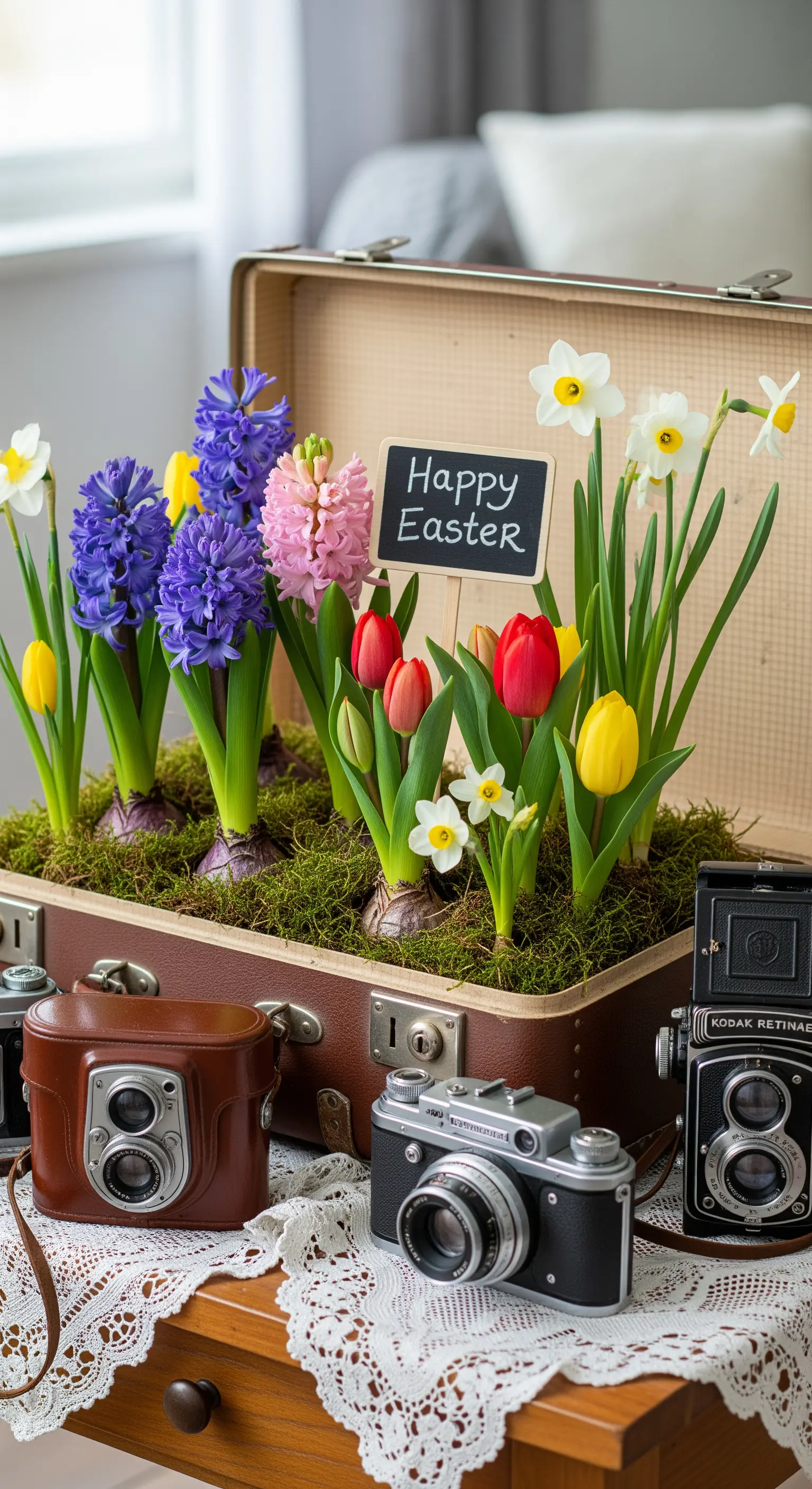 Offener Vintage-Koffer bepflanzt mit Hyazinthen und Narzissen
