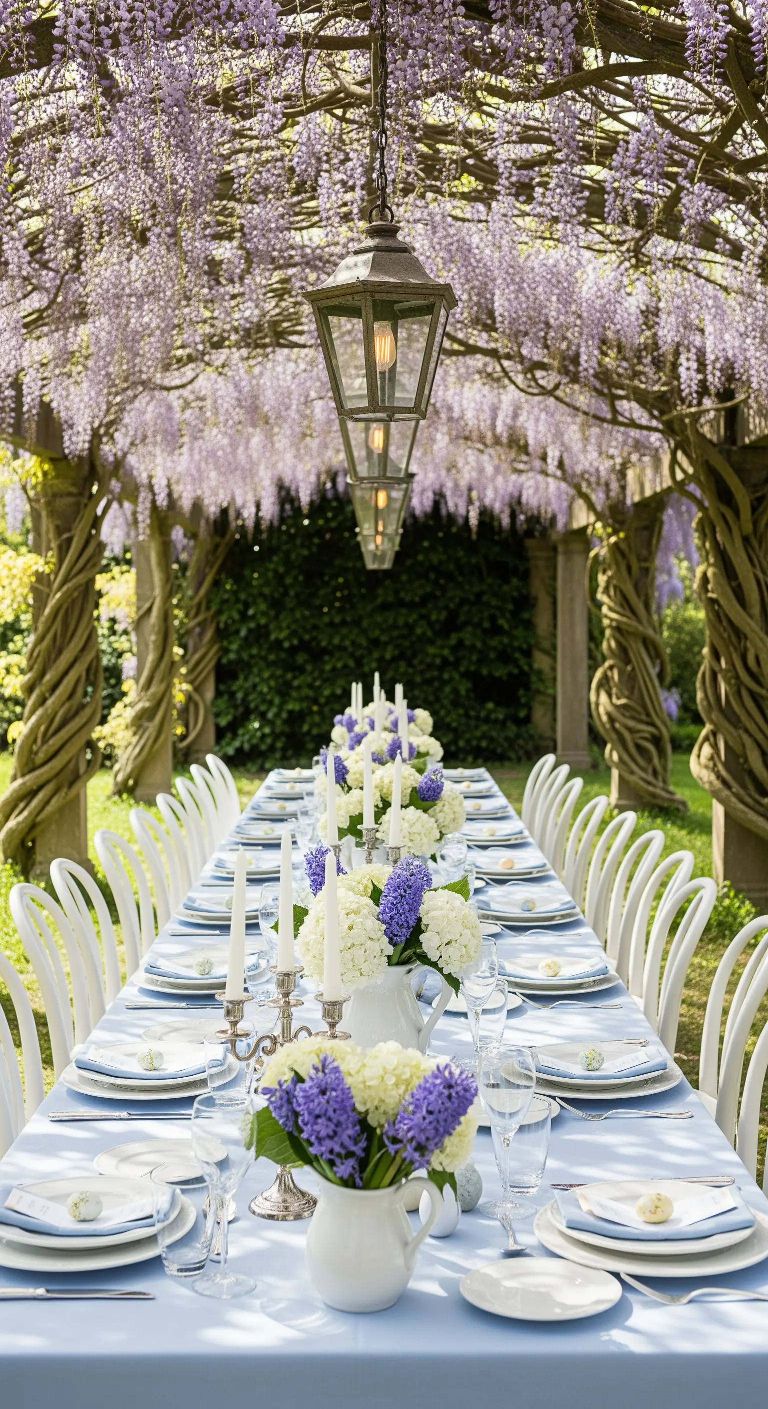 Gartentisch unter einem Dach aus hängendem lila Blauregen und Laternen