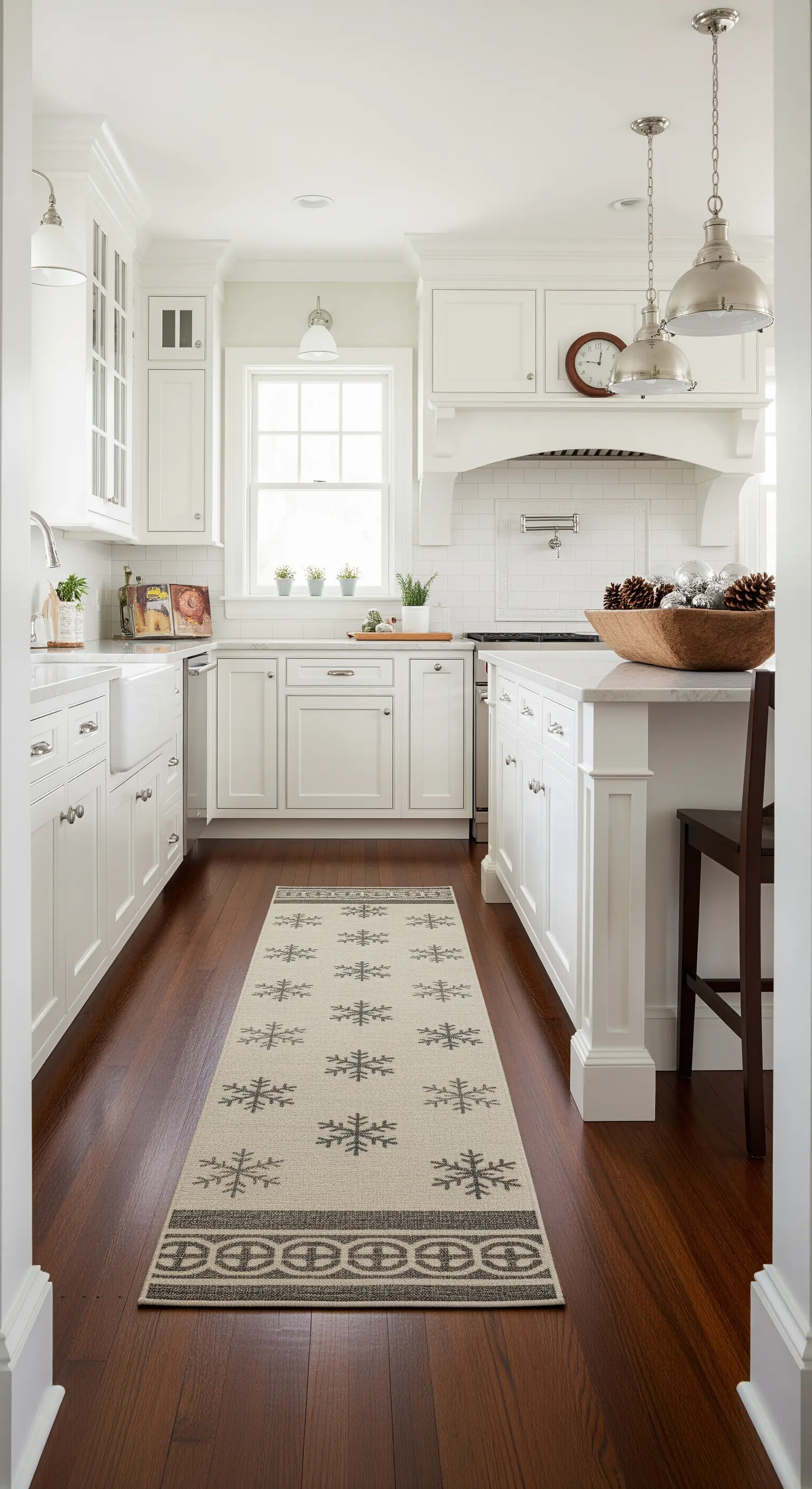 Weisse Küche mit gemustertem langen Teppichläufer