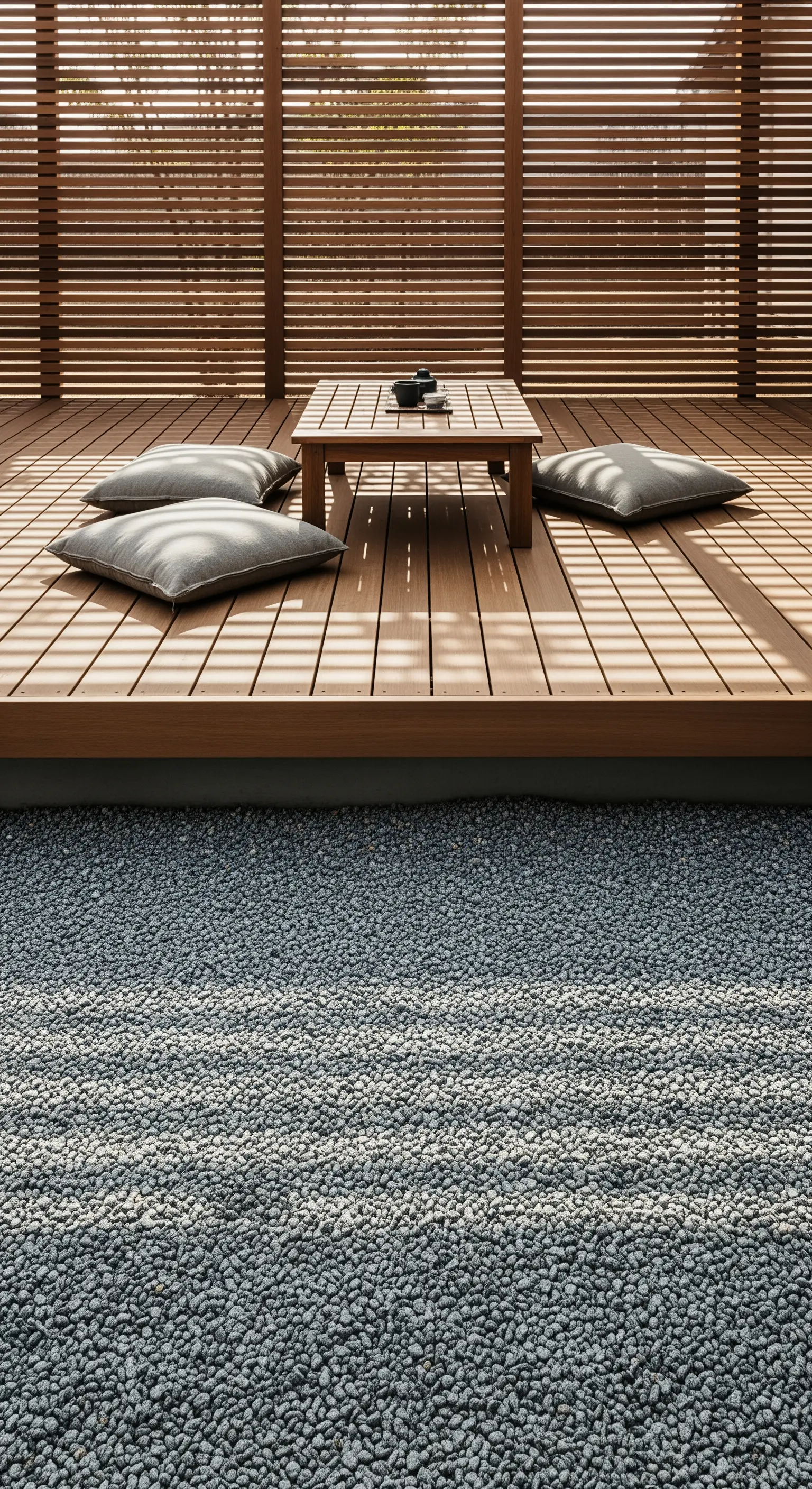 Niedriger Holztisch mit grauen Bodenkissen auf Holzdeck vor Sichtschutzwand