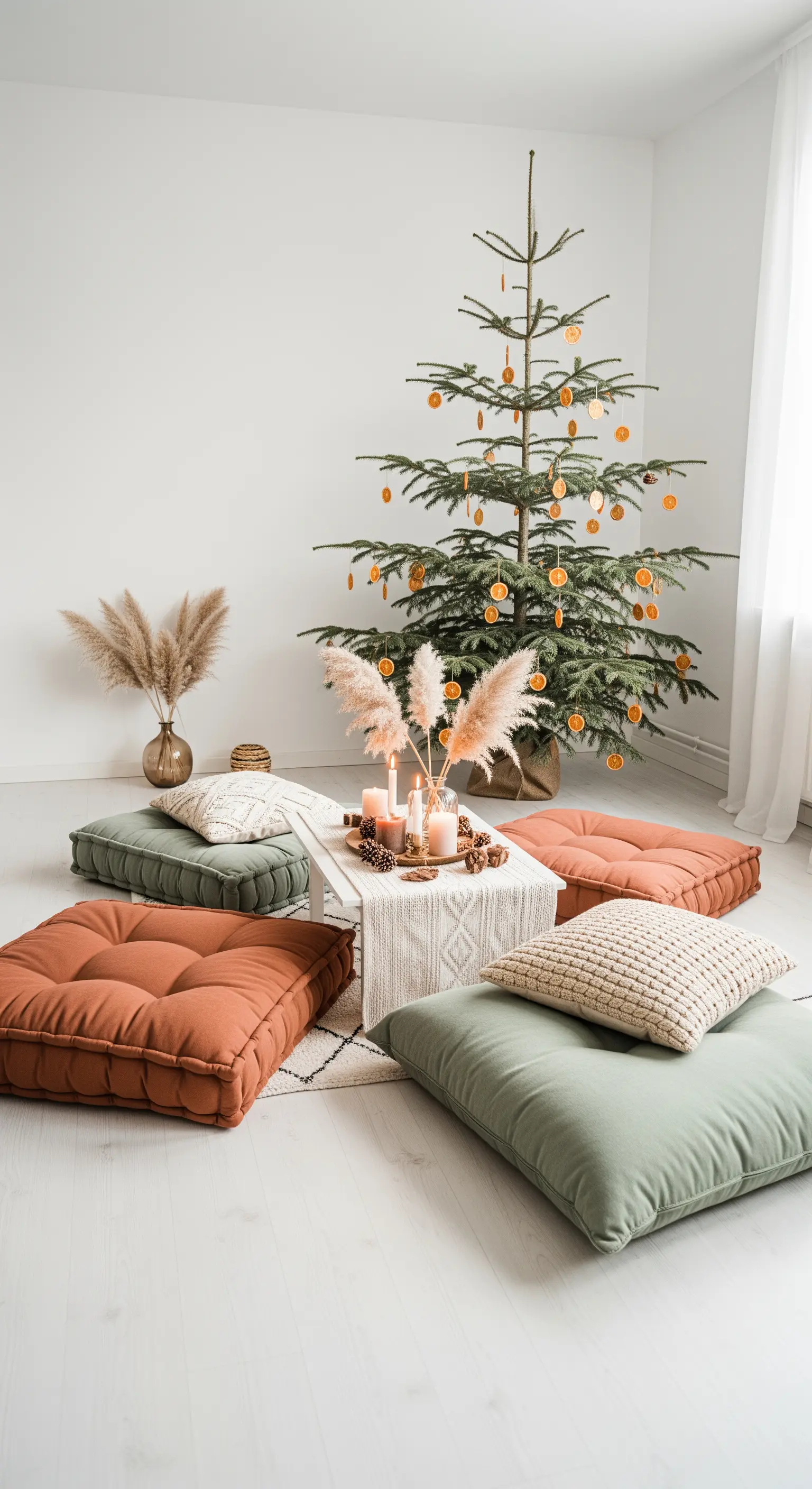 Bodenkissen-Arrangement in Erdtönen vor einem Weihnachtsbaum mit Orangenscheiben