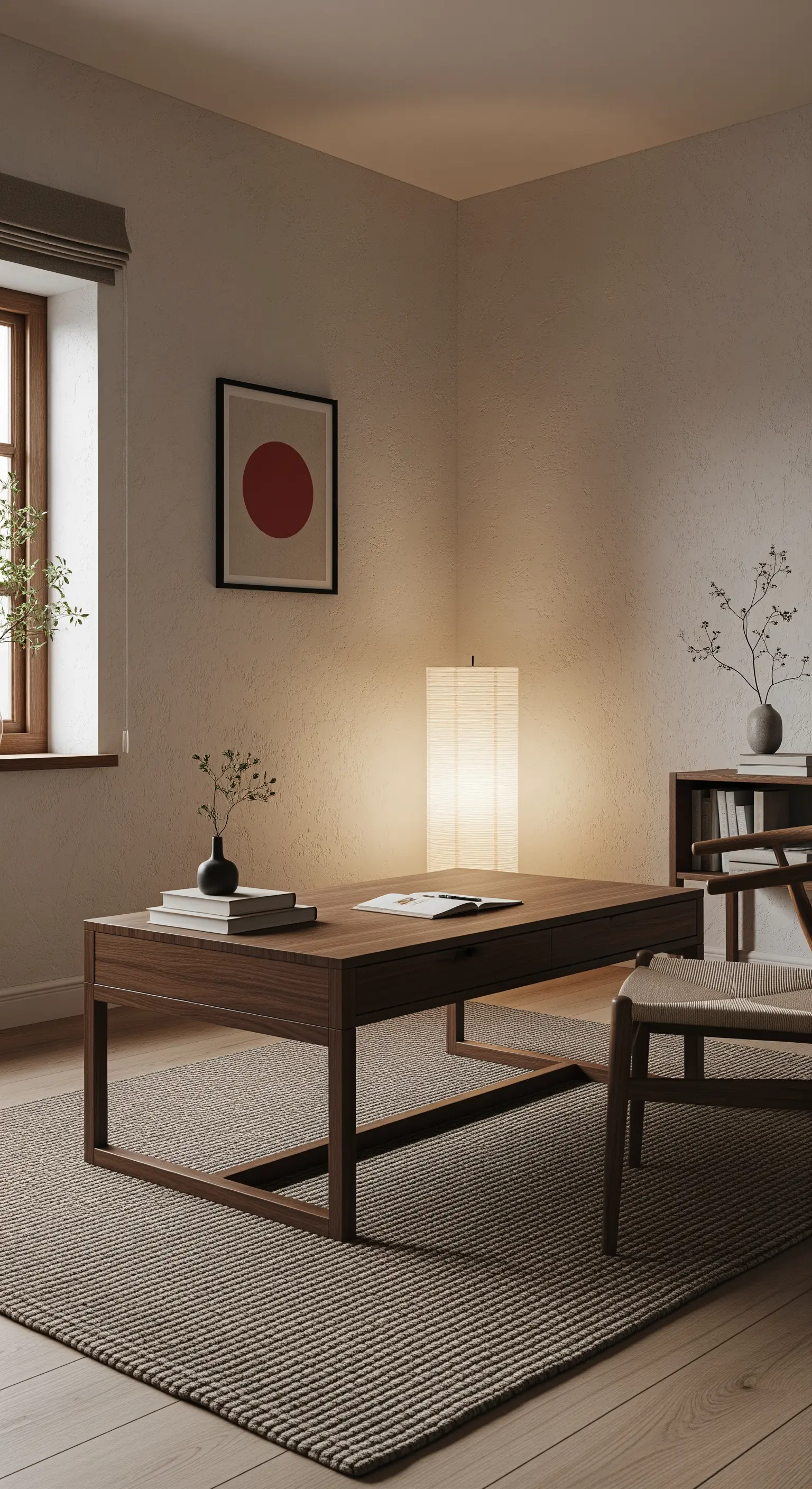 Tiefer Holztisch im Japandi-Stil mit Papierlampe und Kunstwerk