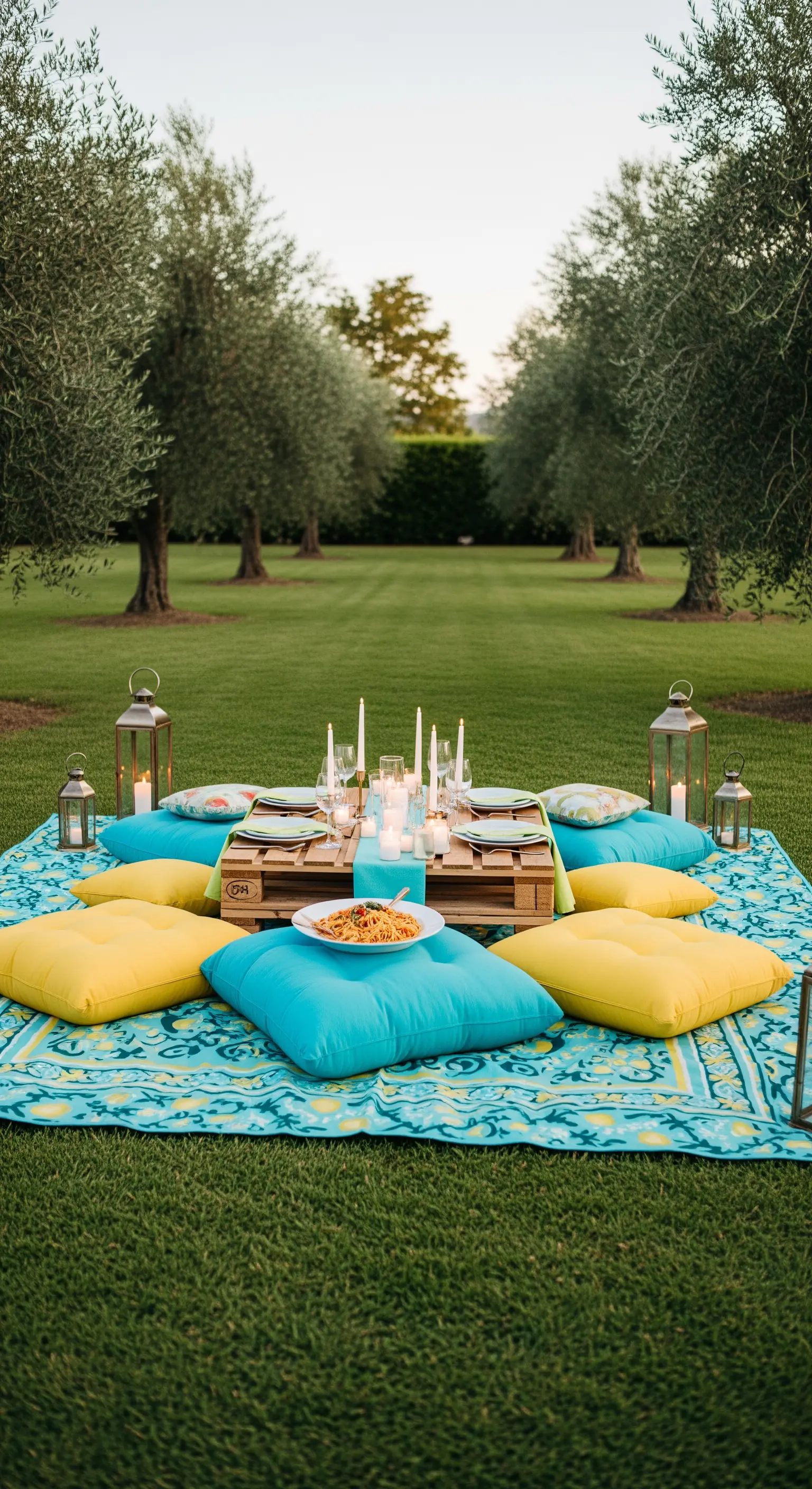Palettentisch-Picknick mit bunten Kissen im Gras