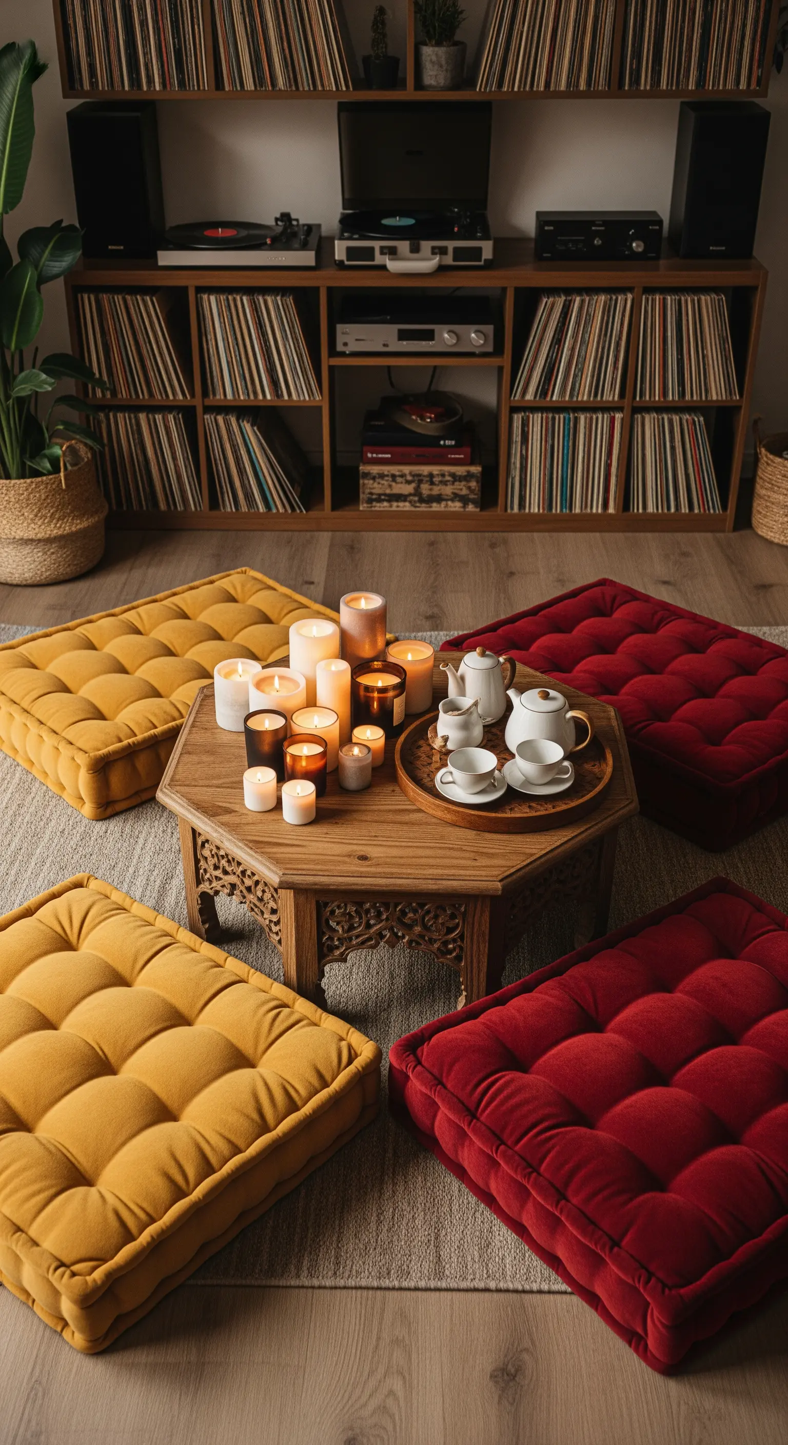 Bodenkissen aus Samt um niedrigen Holztisch