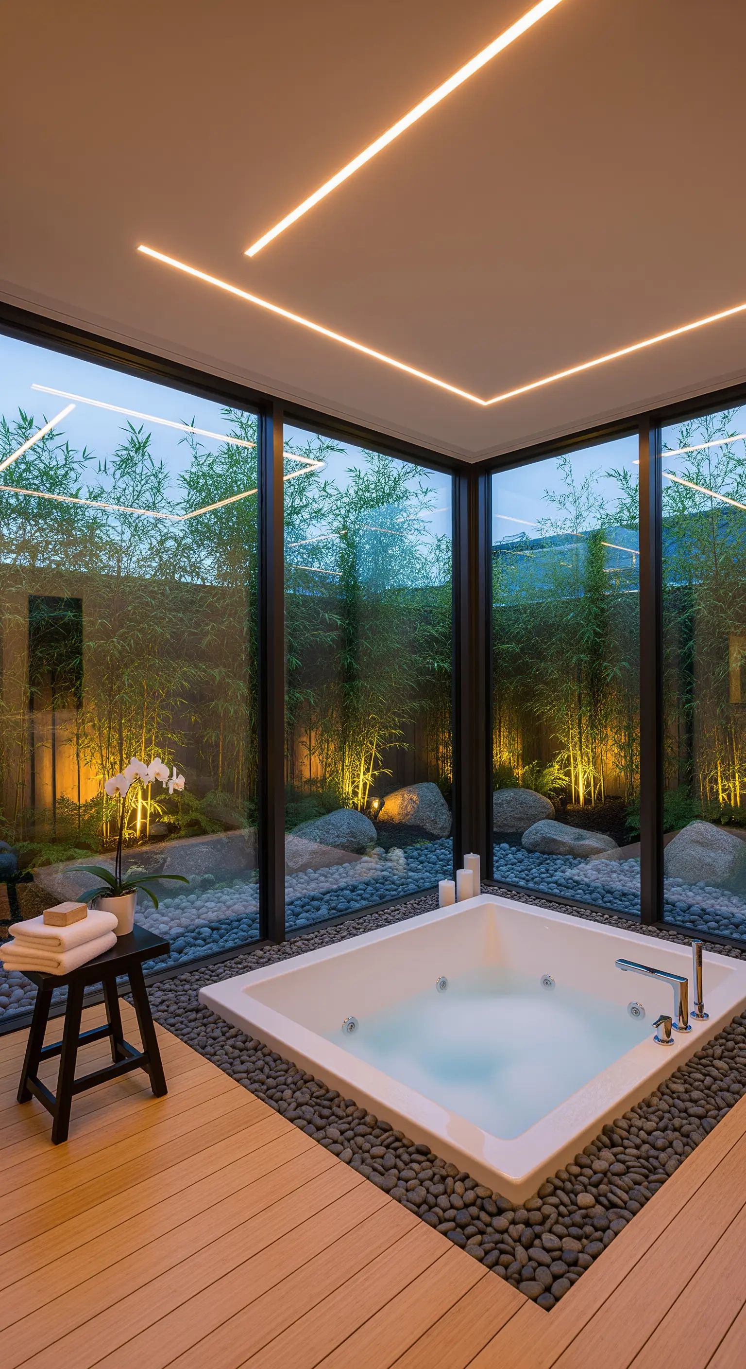 Badewanne am Fenster mit Bodenbeleuchtung und Blick in Bambusgarten