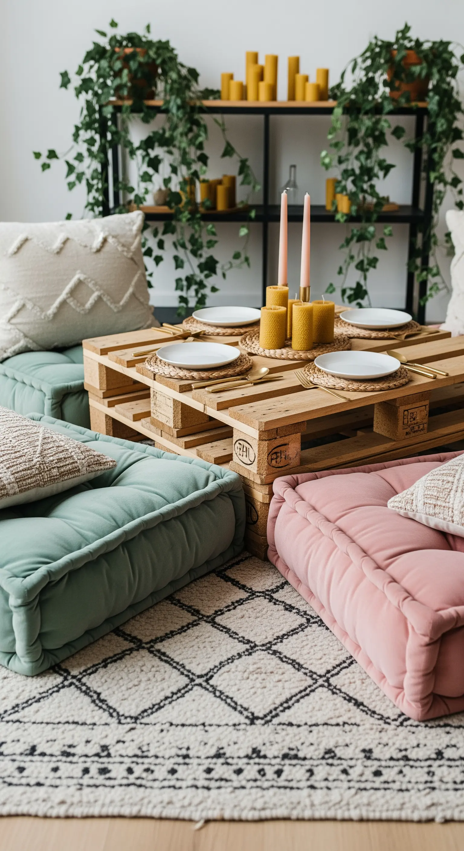 Paletten-Couchtisch mit mintgrünen und rosa Bodenkissen