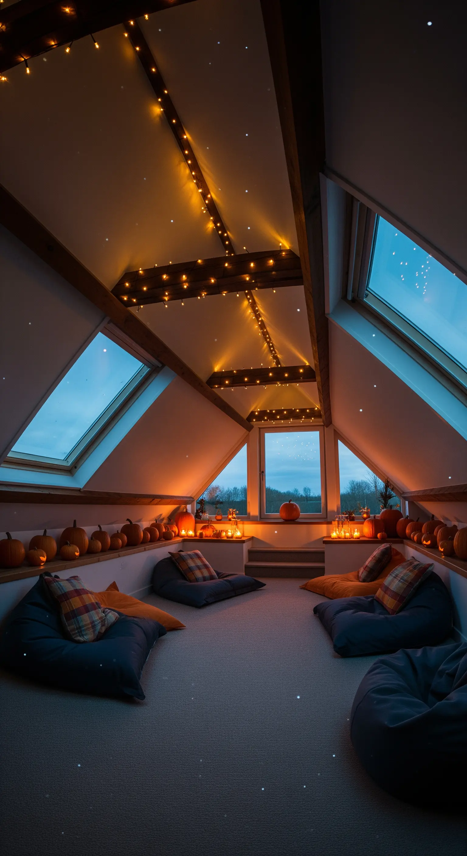 Dachgeschoss-Zimmer mit Sitzsäcken, beleuchteten Balken und gemütlicher Atmosphäre
