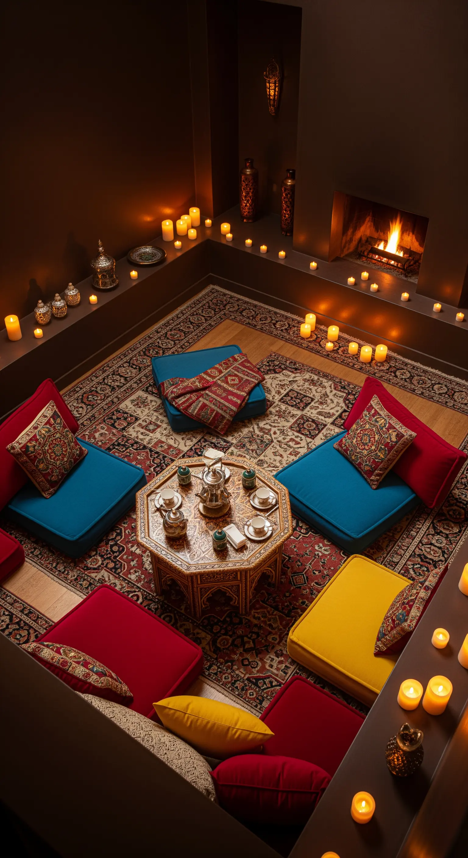 Gemütliche Sitzecke am Boden mit vielen Kerzen und Teppichen