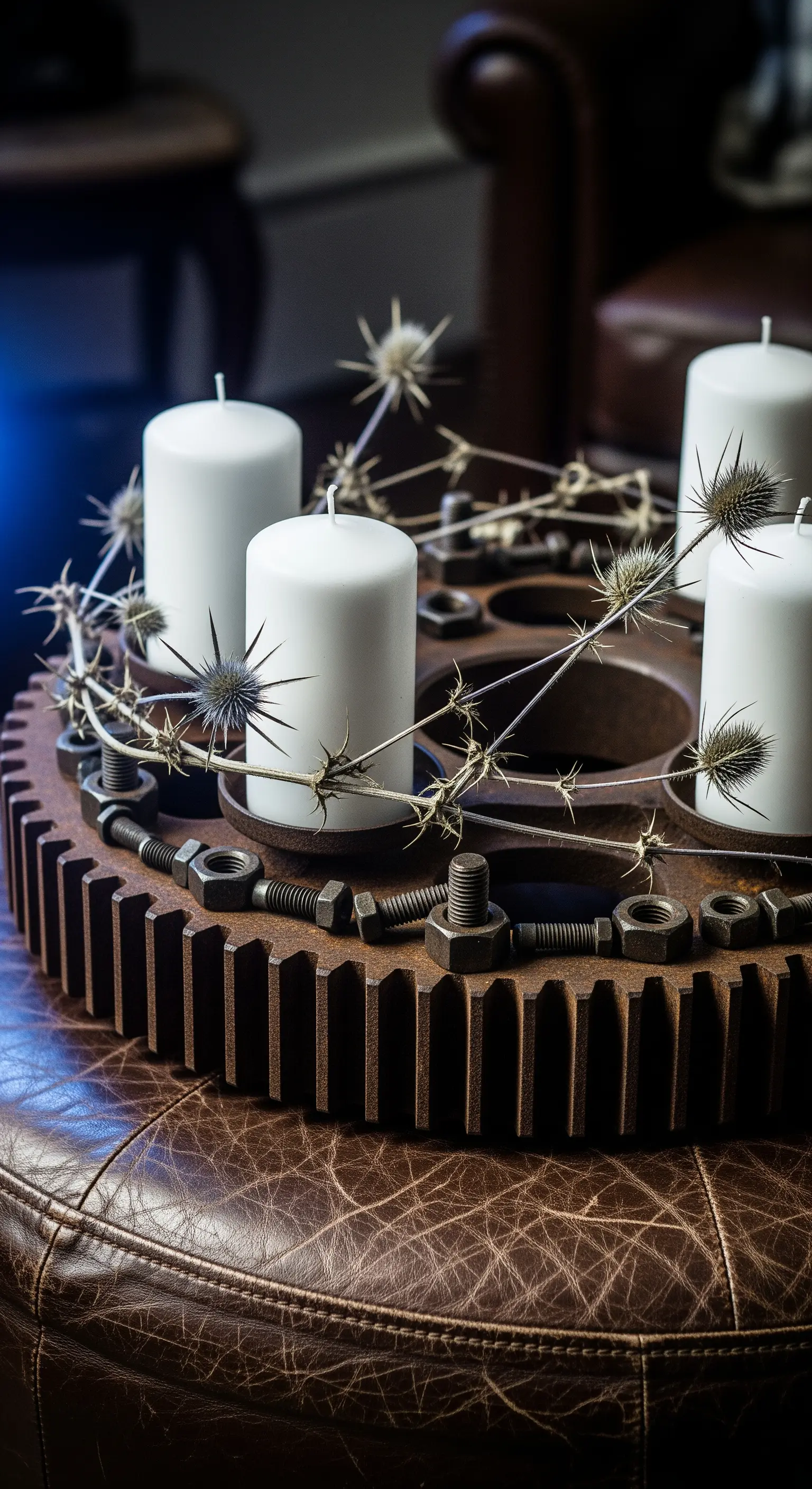 Gruppe aus vier schwarzen Laternen mit Kerzen und Tannengrün auf dem Boden vor Kamin