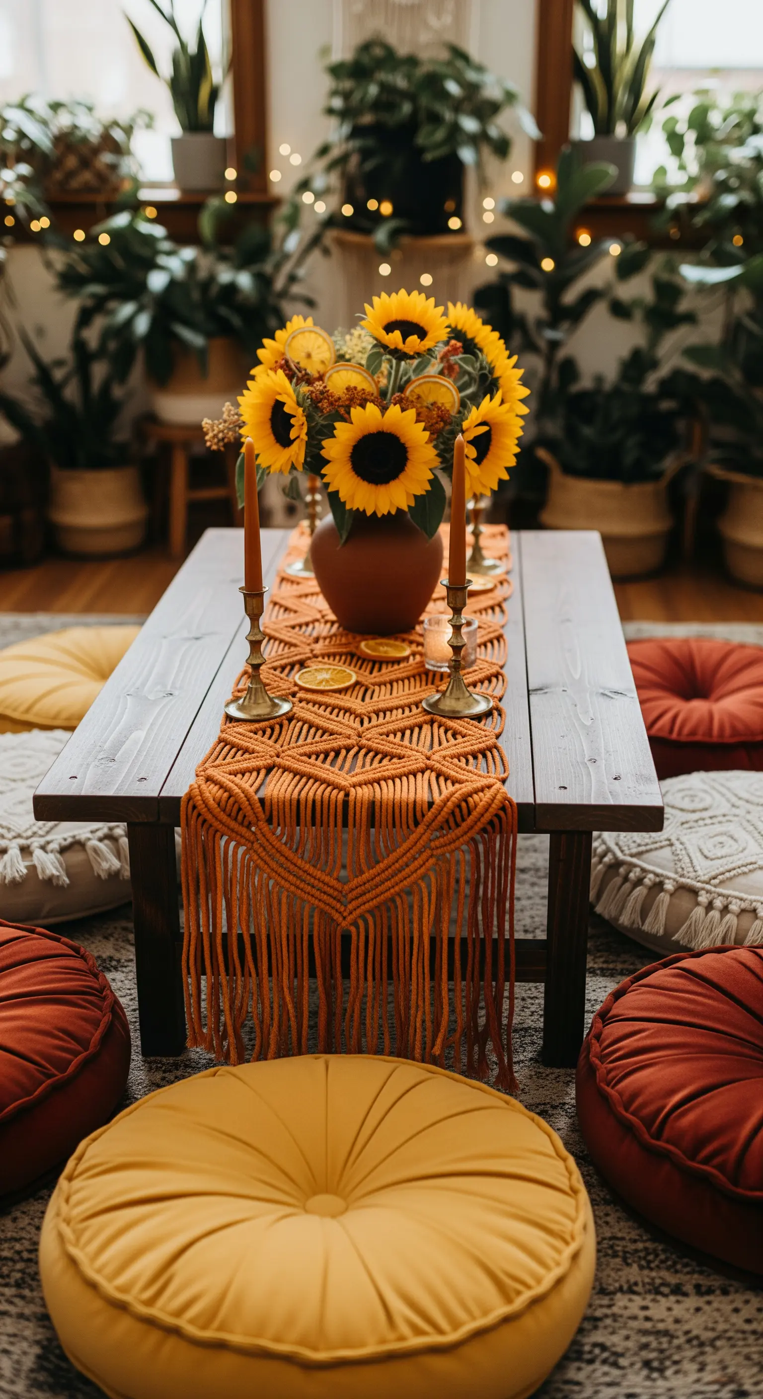 Niedriger Holztisch mit Makramee-Läufer und Bodenkissen