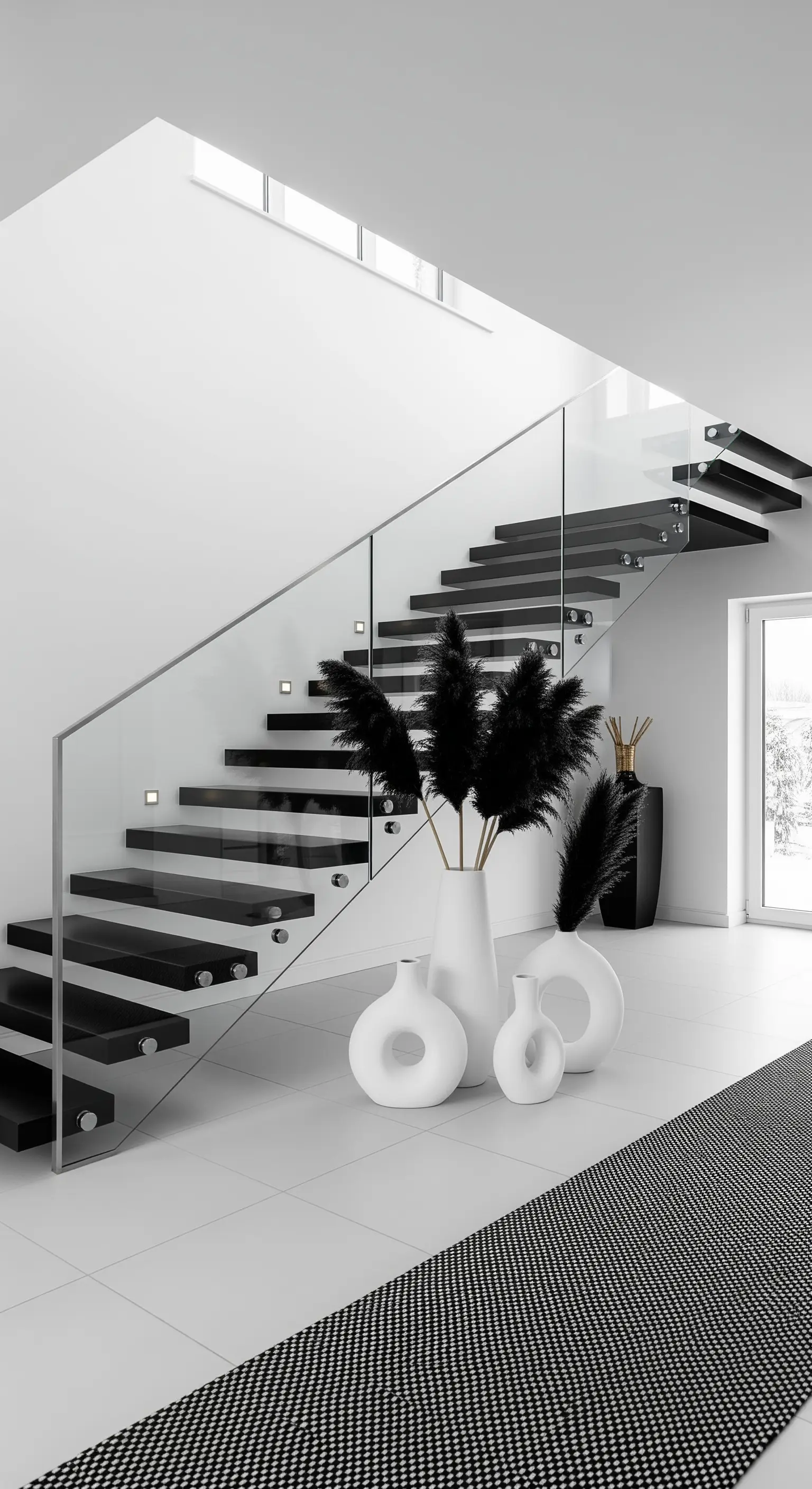 Moderne Treppe mit Glasgeländer und weißen Bodenvasen mit schwarzen Federn davor
