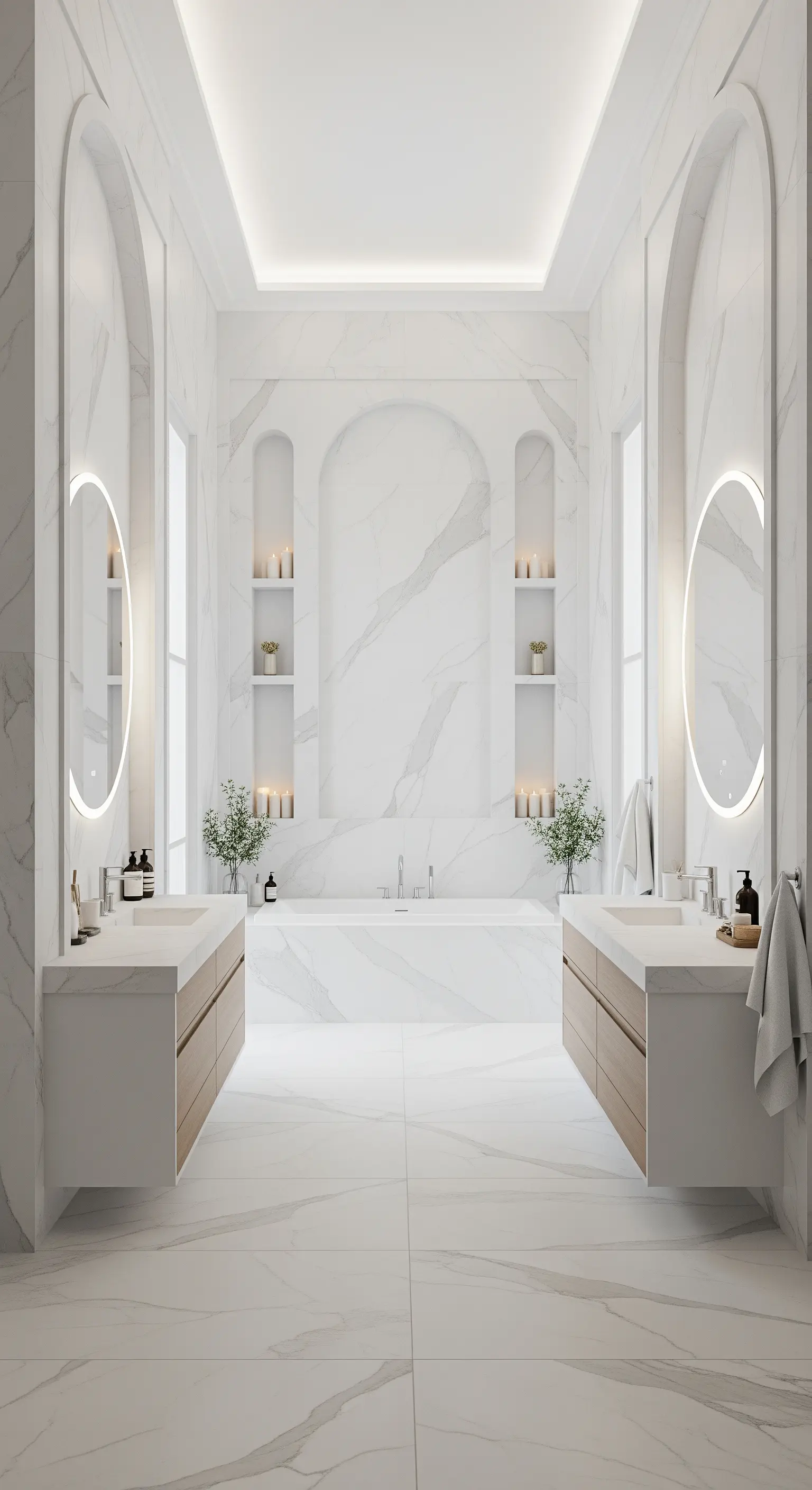Weißes Marmorbad mit Bogen-Nischen und indirektem Licht