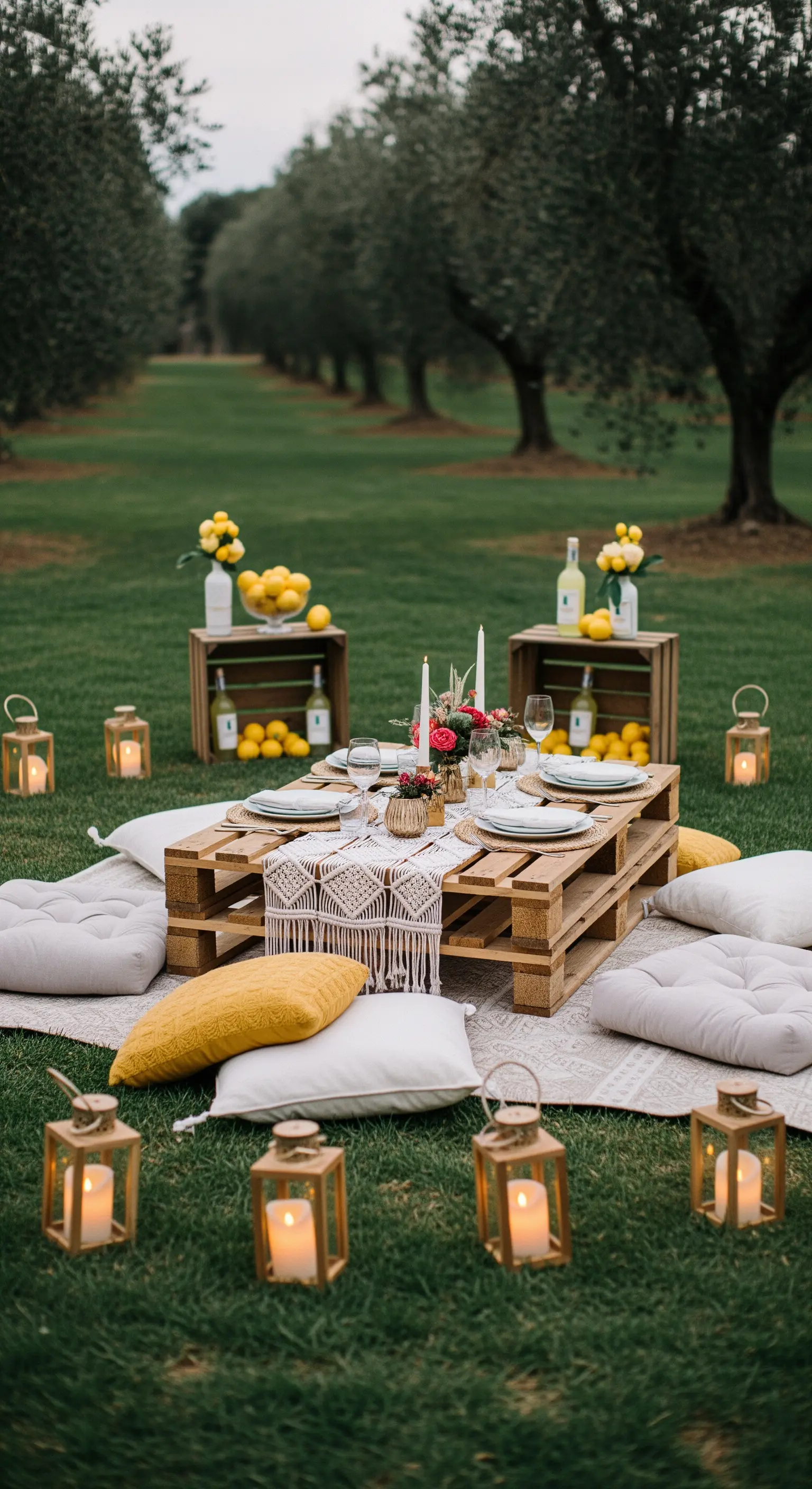 Paletten-Picknicktisch auf Wiese mit Kissen und Laternen