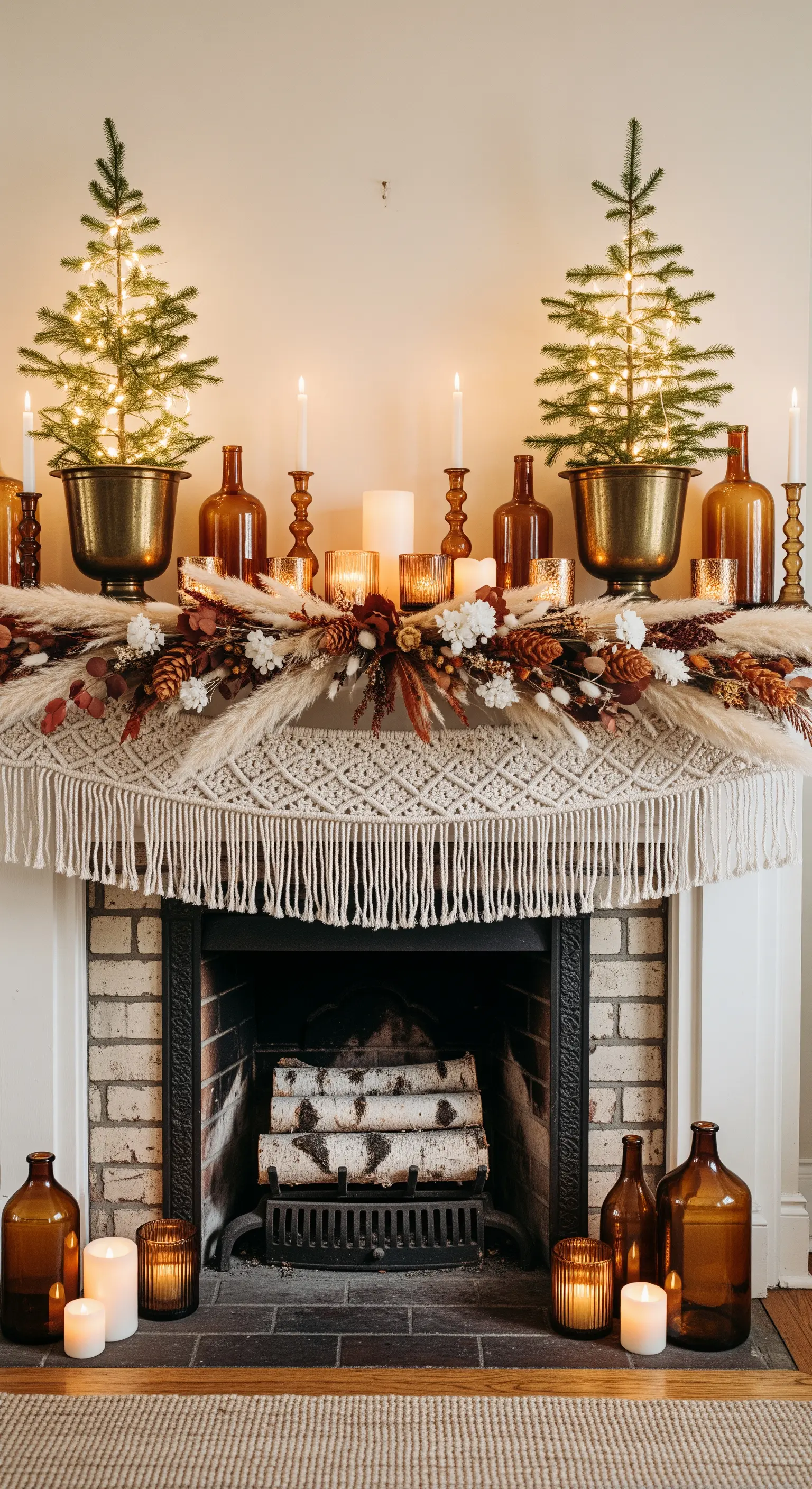 Kamin mit Makramee-Behang und Pampasgras-Gesteck