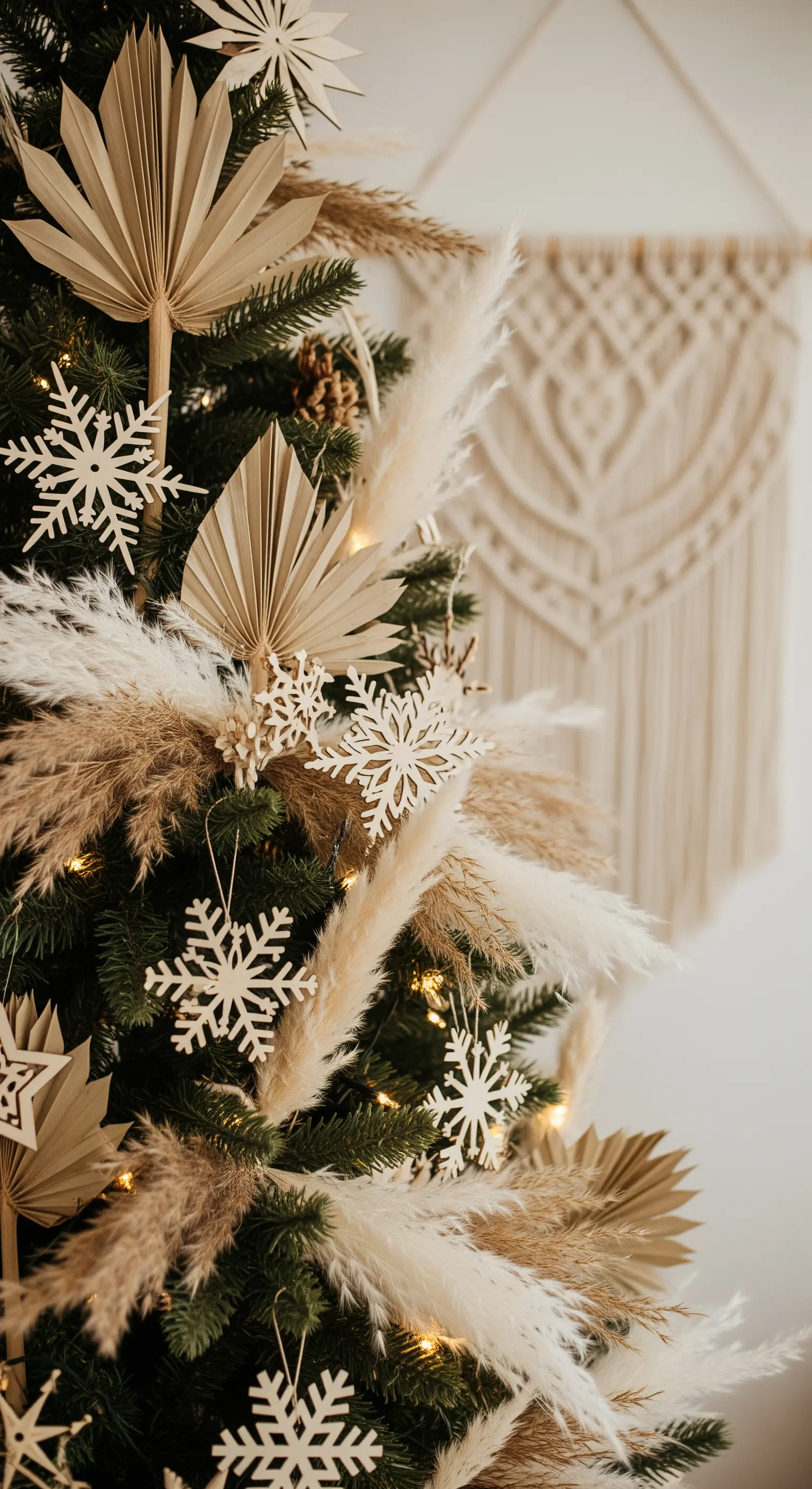 Detailaufnahme Weihnachtsbaum mit Palmblättern, Holzsternen und Makramee