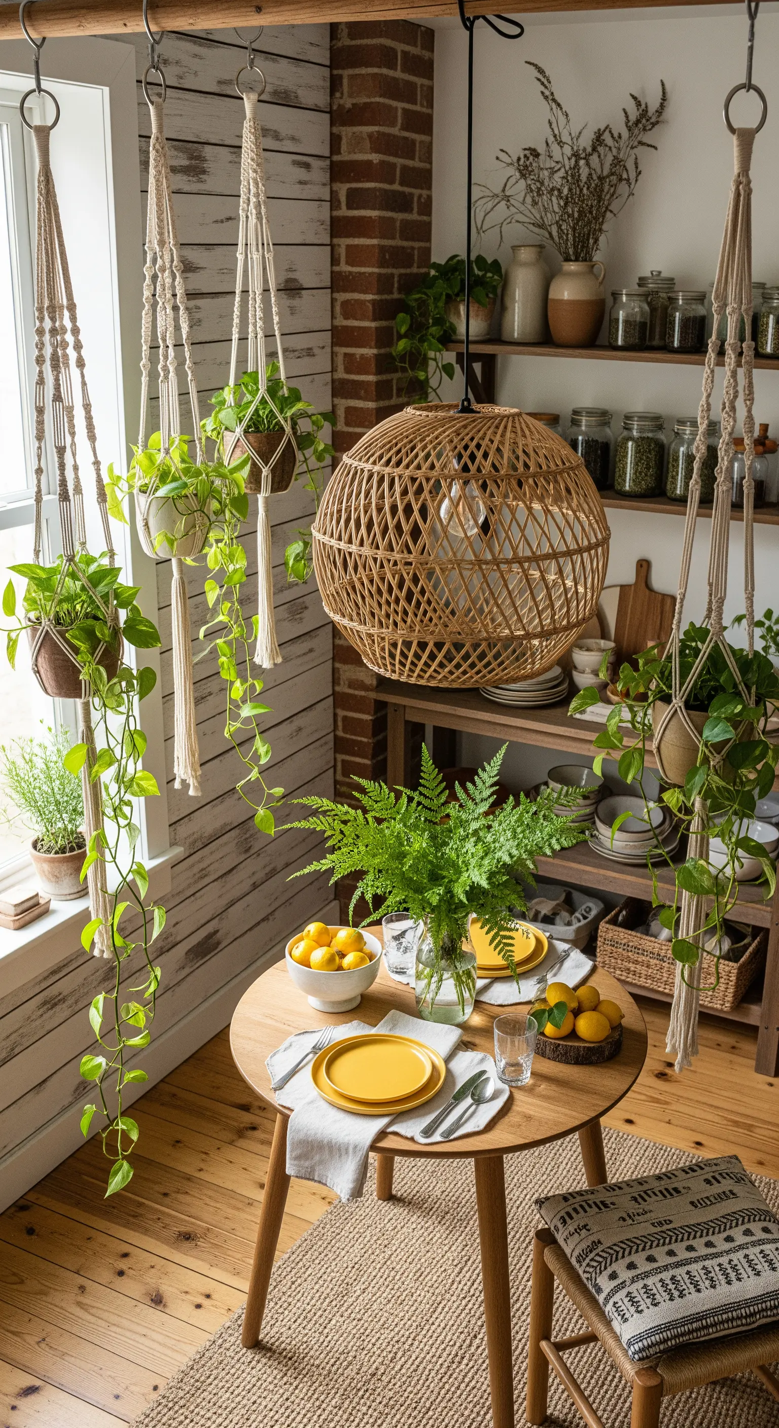 Kleine Essecke mit Rattanlampe und Makramee-Pflanzenhängern