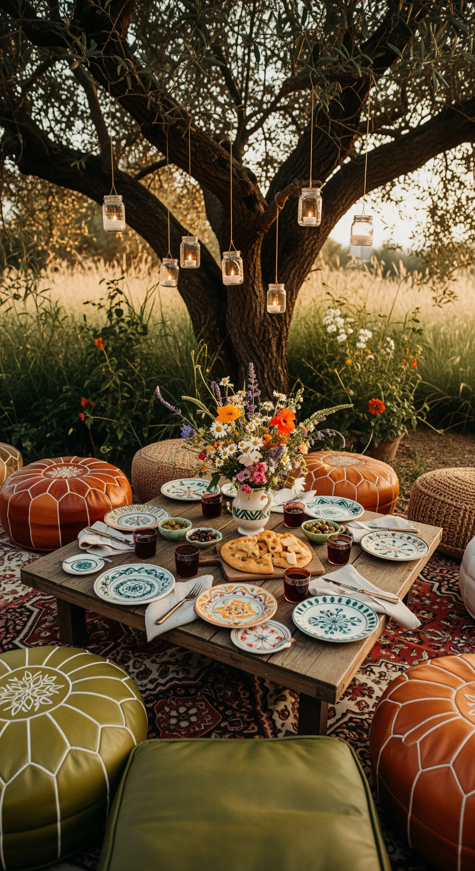 Niedriger Tisch im Freien mit Poufs und hängenden Lichtern