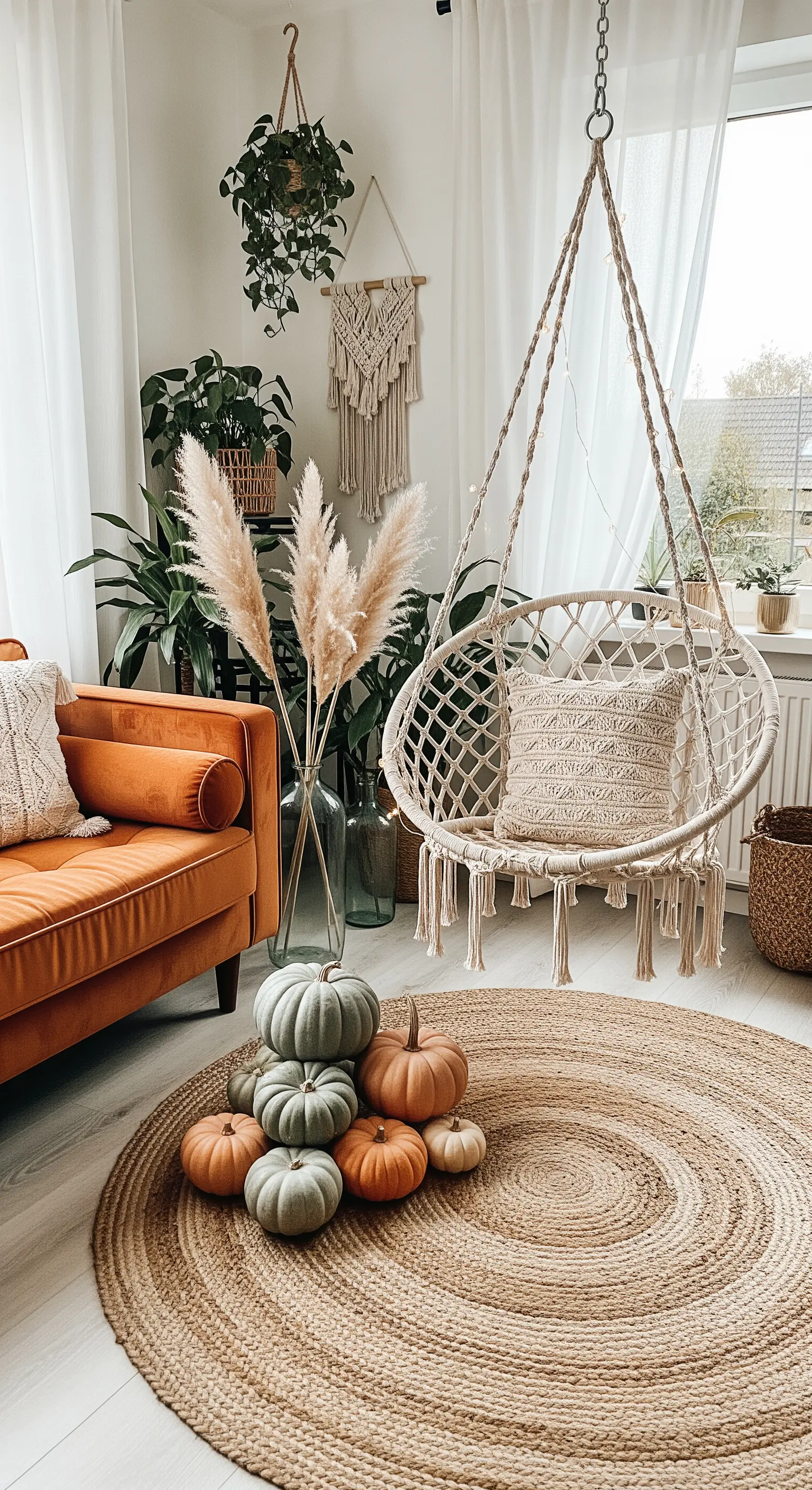 Makramee-Hängesessel mit Pampasgras, Jute-Teppich und pastellgrünen Kürbissen