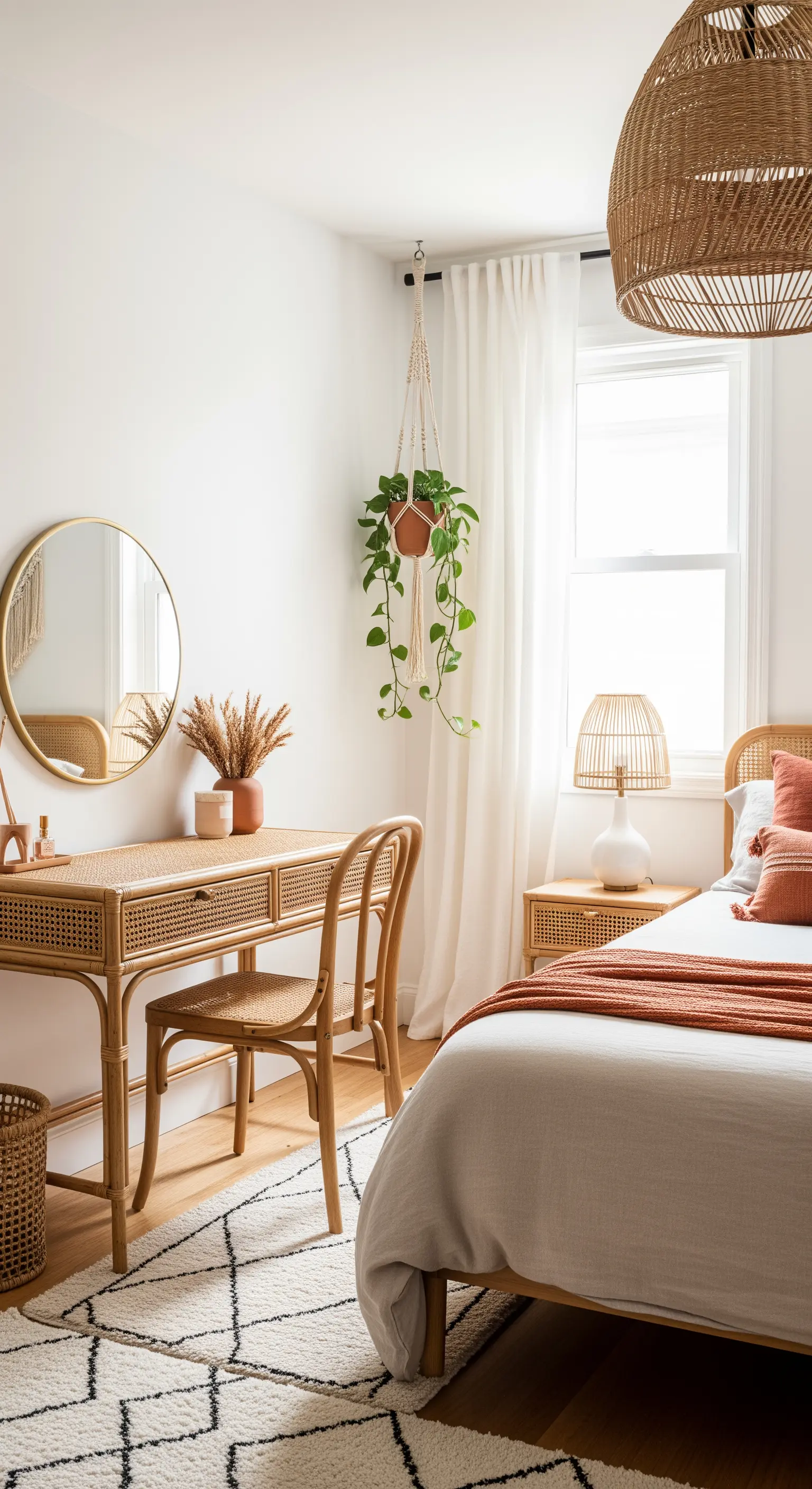 Rattan-Schminktisch mit Makramee-Pflanze