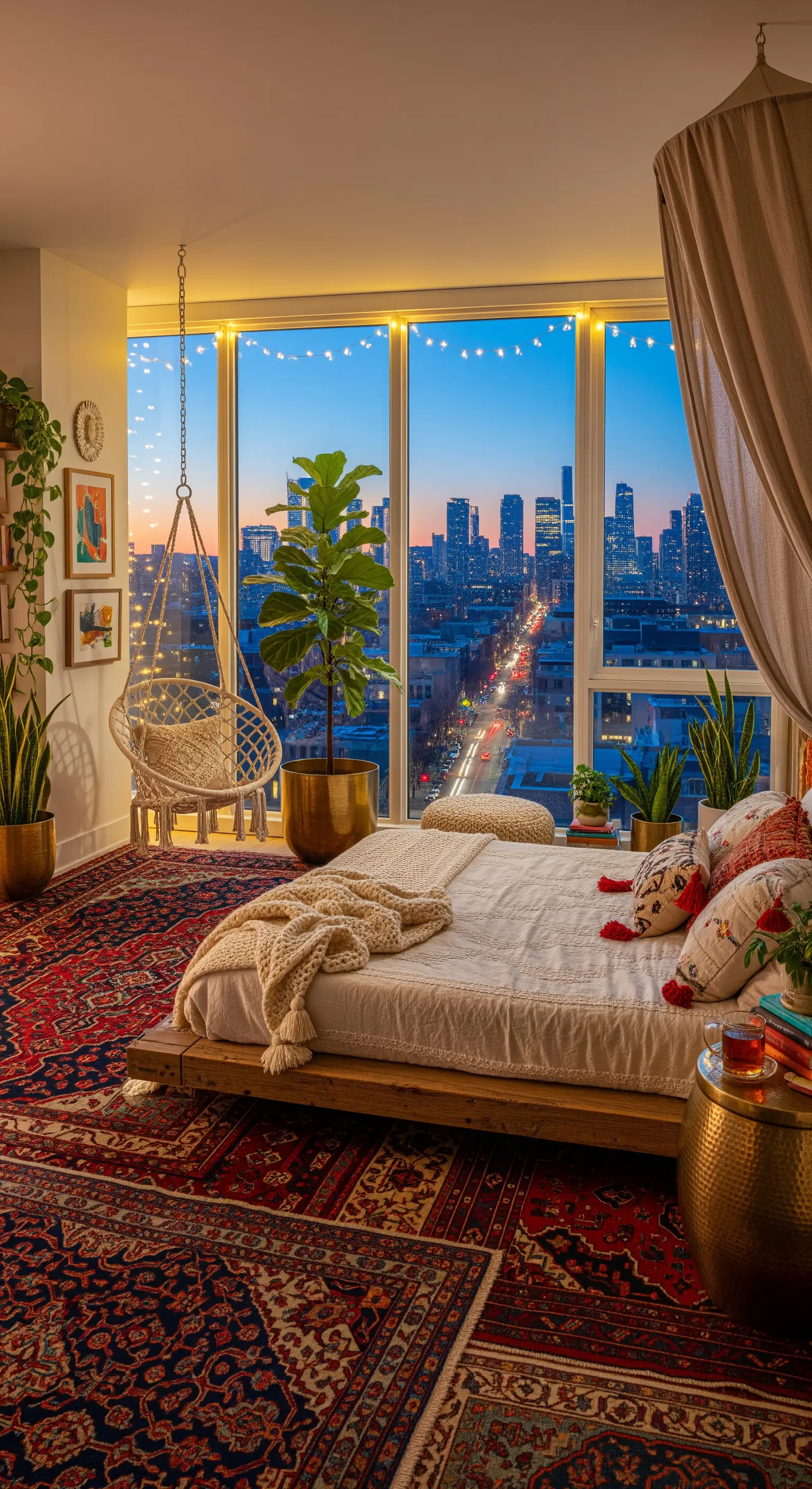 Boho-Schlafzimmer mit Hängesessel, Perserteppich und Lichterketten