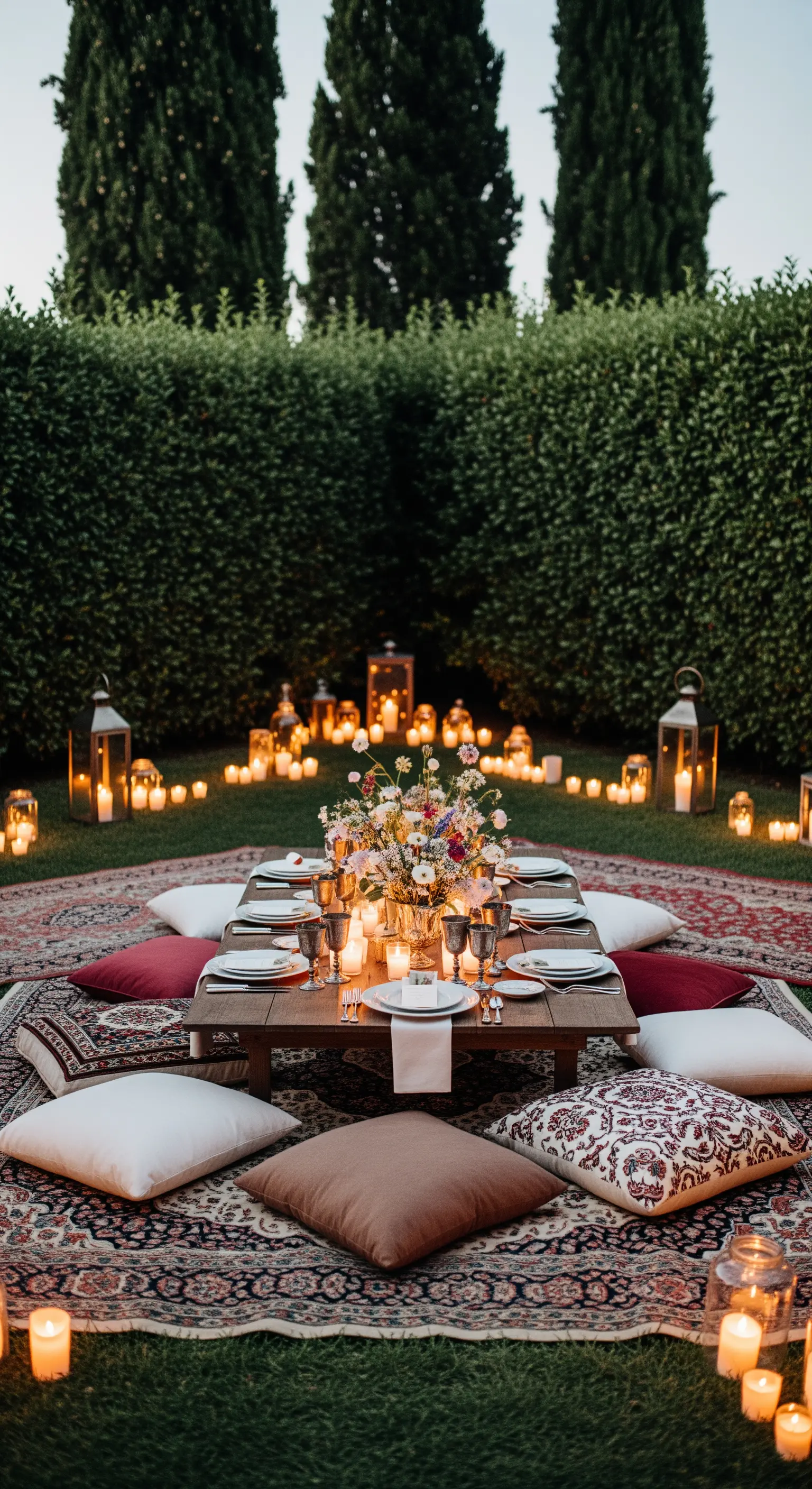 Niedriger Picknick-Tisch auf Teppichen mit vielen Kissen und Kerzen