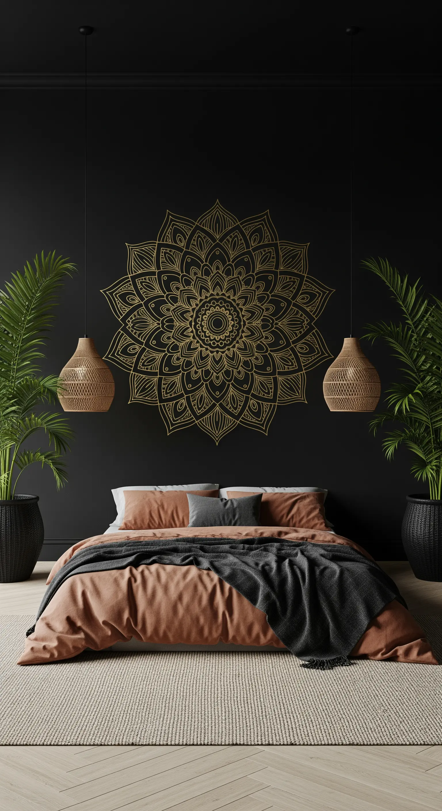 Großes goldenes Mandala an schwarzer Wand mit Pflanzen