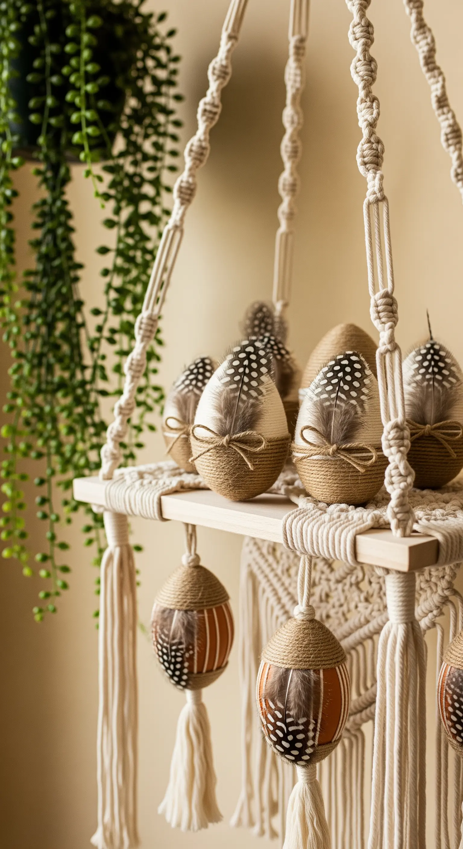 Mit Jute umwickelte Eier und Federn im Makramee-Hänger