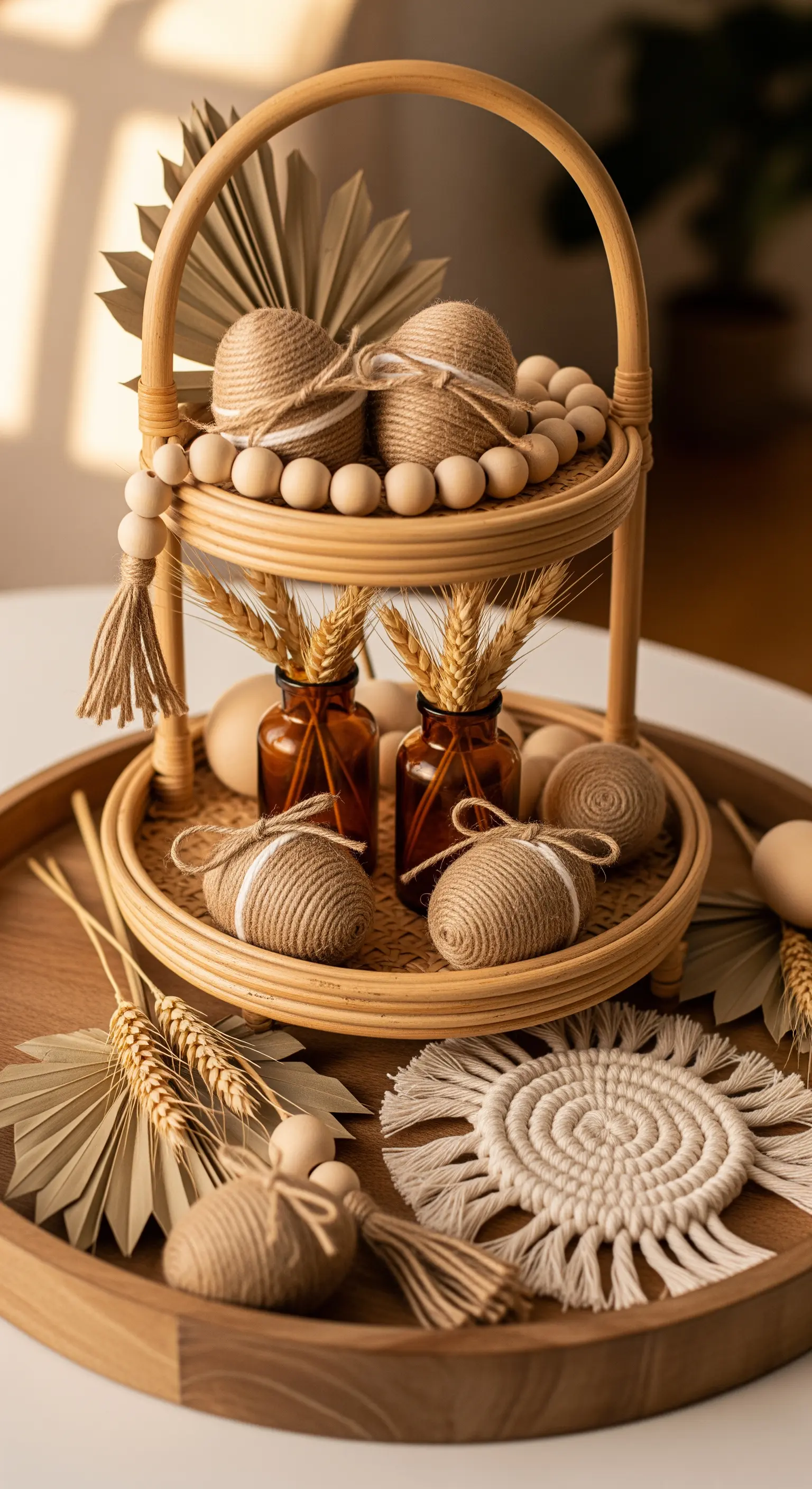 Rattan-Etagere mit Trockenblumen und Jute-Eiern