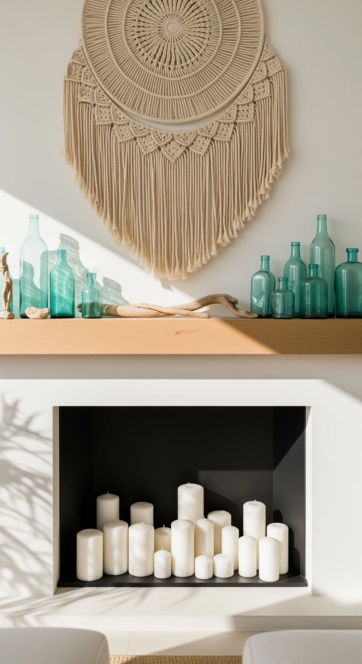 Makramee Wandbehang über Kaminsims mit blauen Glasflaschen