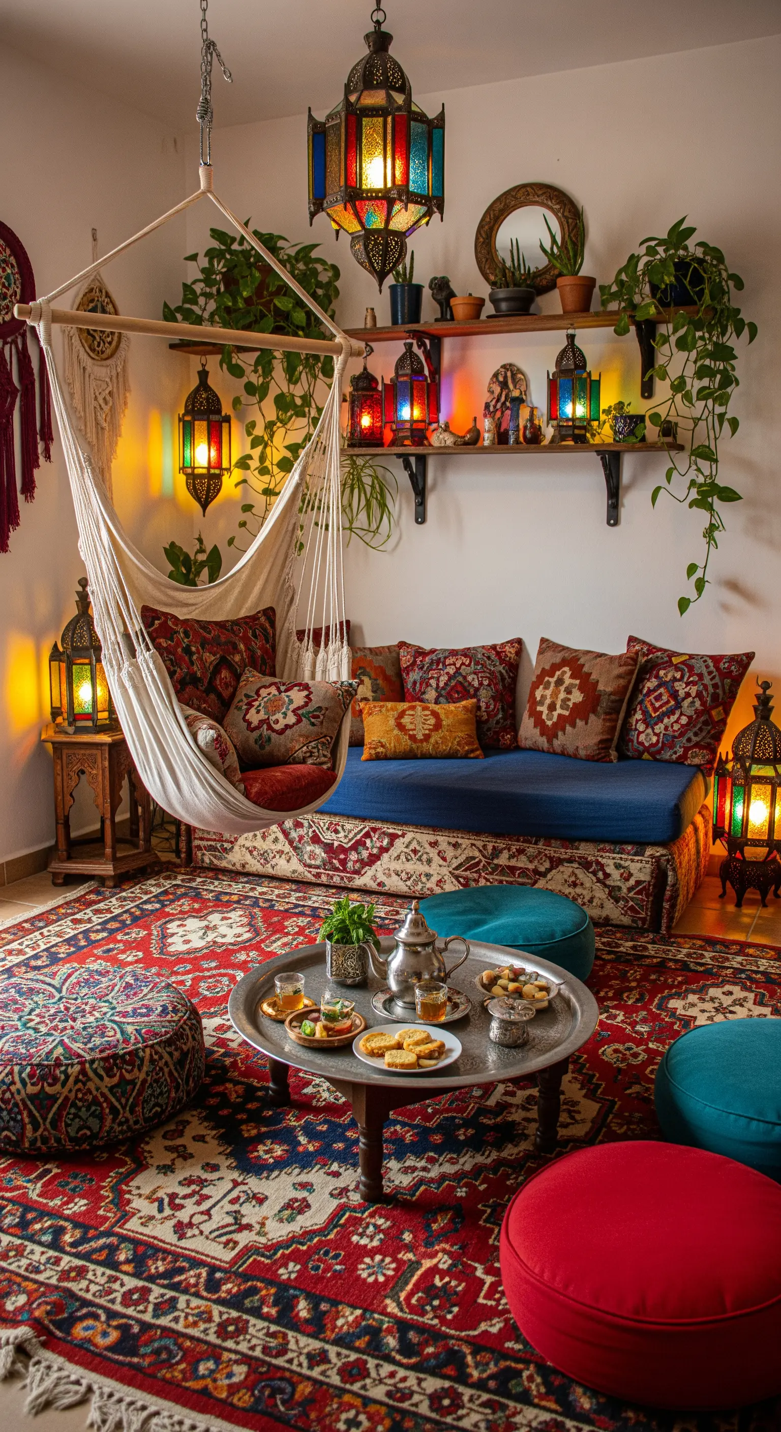 Boho Wohnzimmer mit Hängesessel und vielen Pflanzen