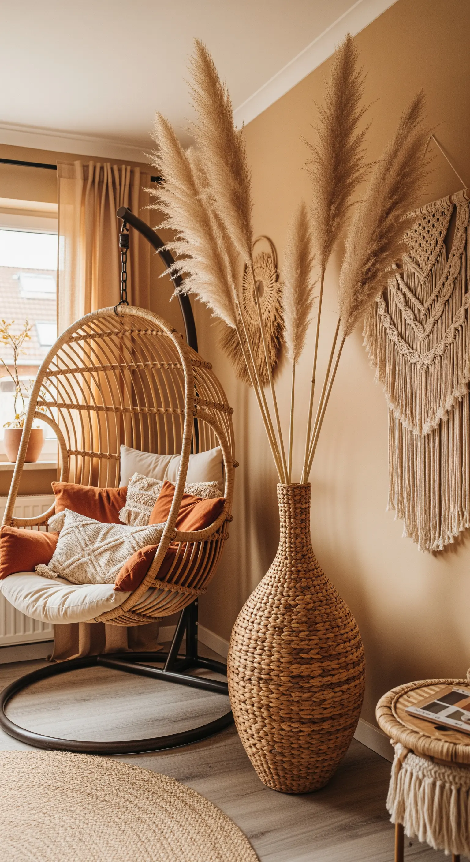 Rattan-Hängesessel mit großem Pampasgras
