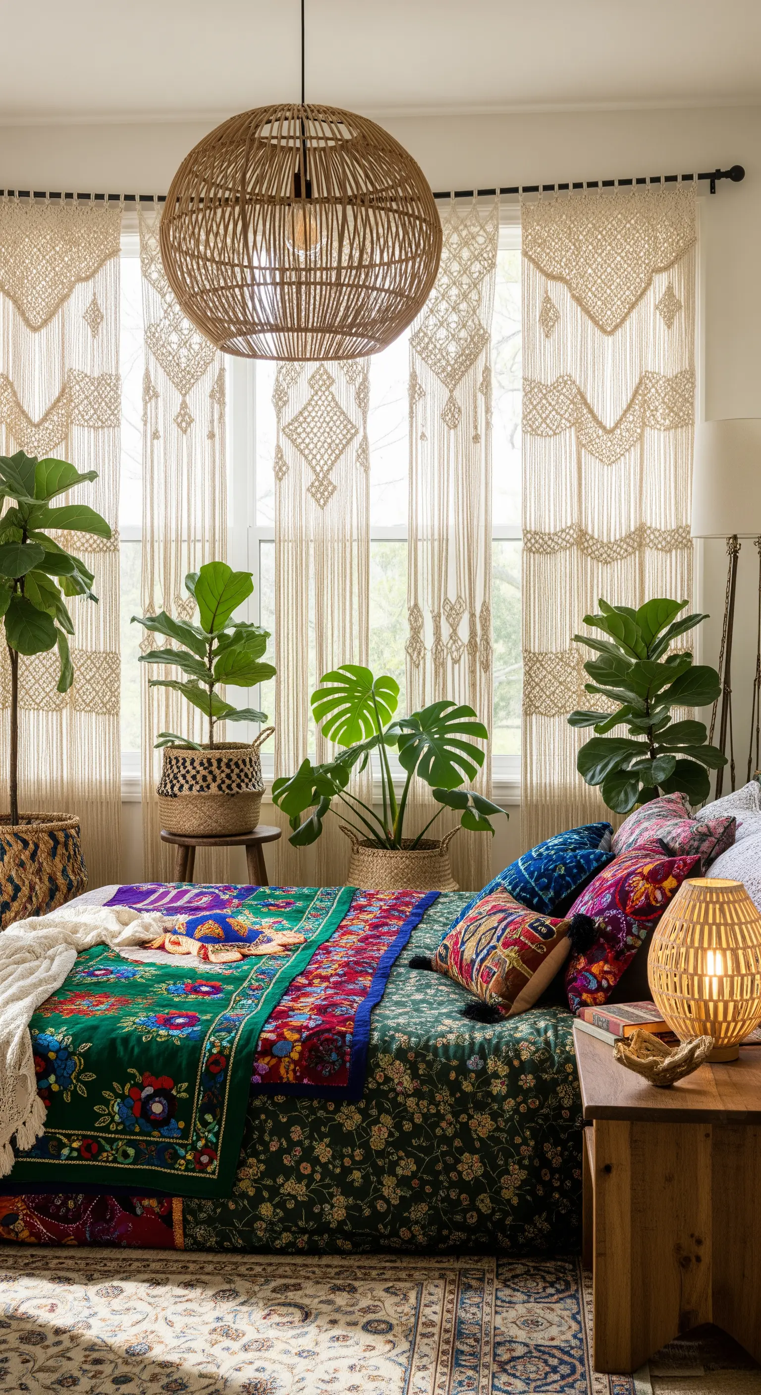 Makramee-Vorhänge und Pflanzen im Boho-Schlafzimmer