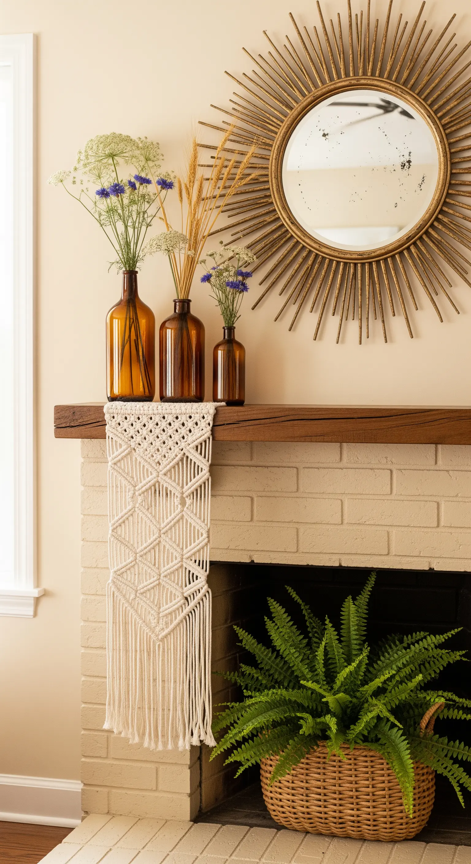 Makramee-Läufer und Braunglasvasen auf Holzkamin