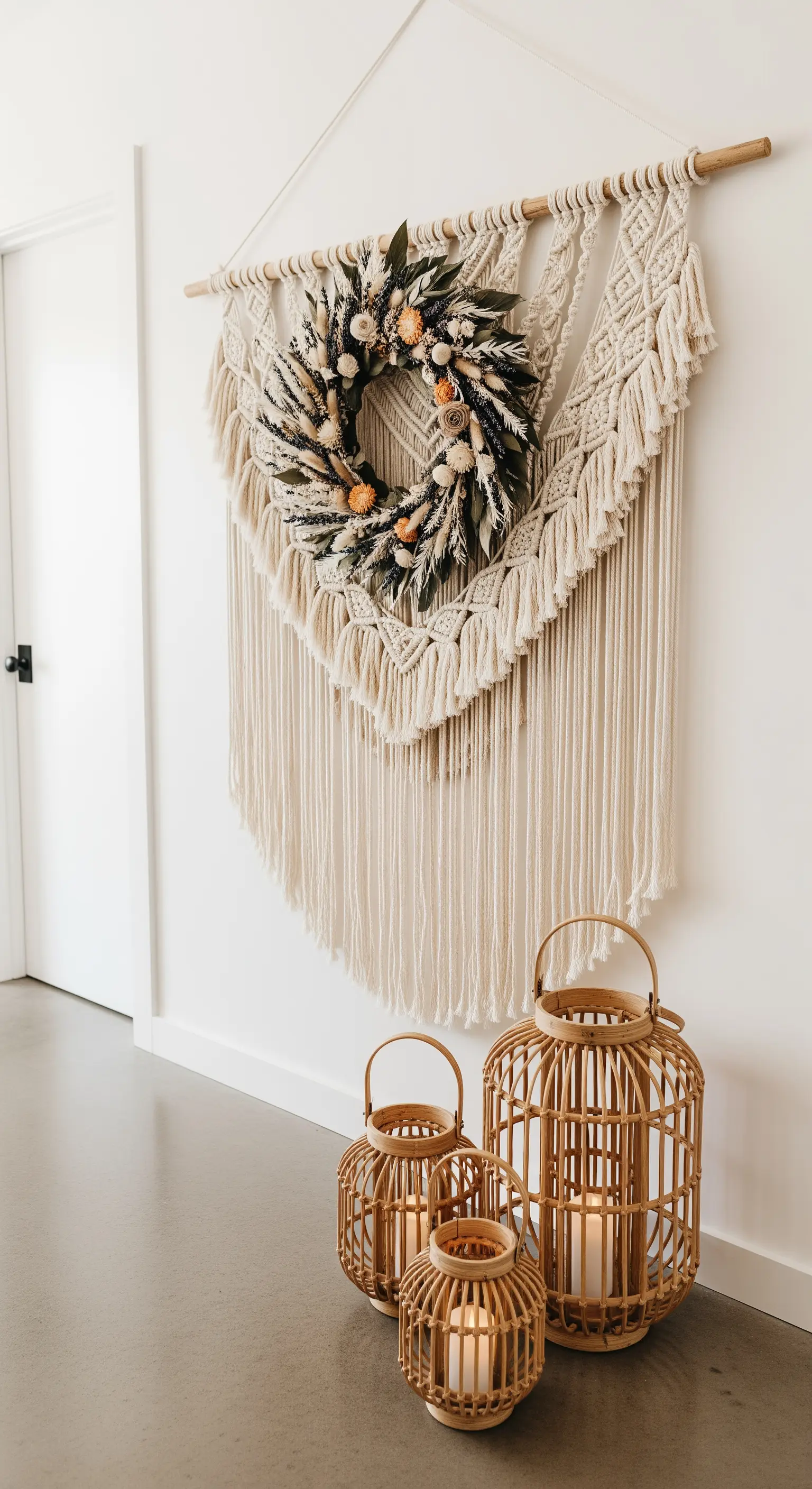 Makramee-Wandbehang mit Trockenblumenkranz und Laternen