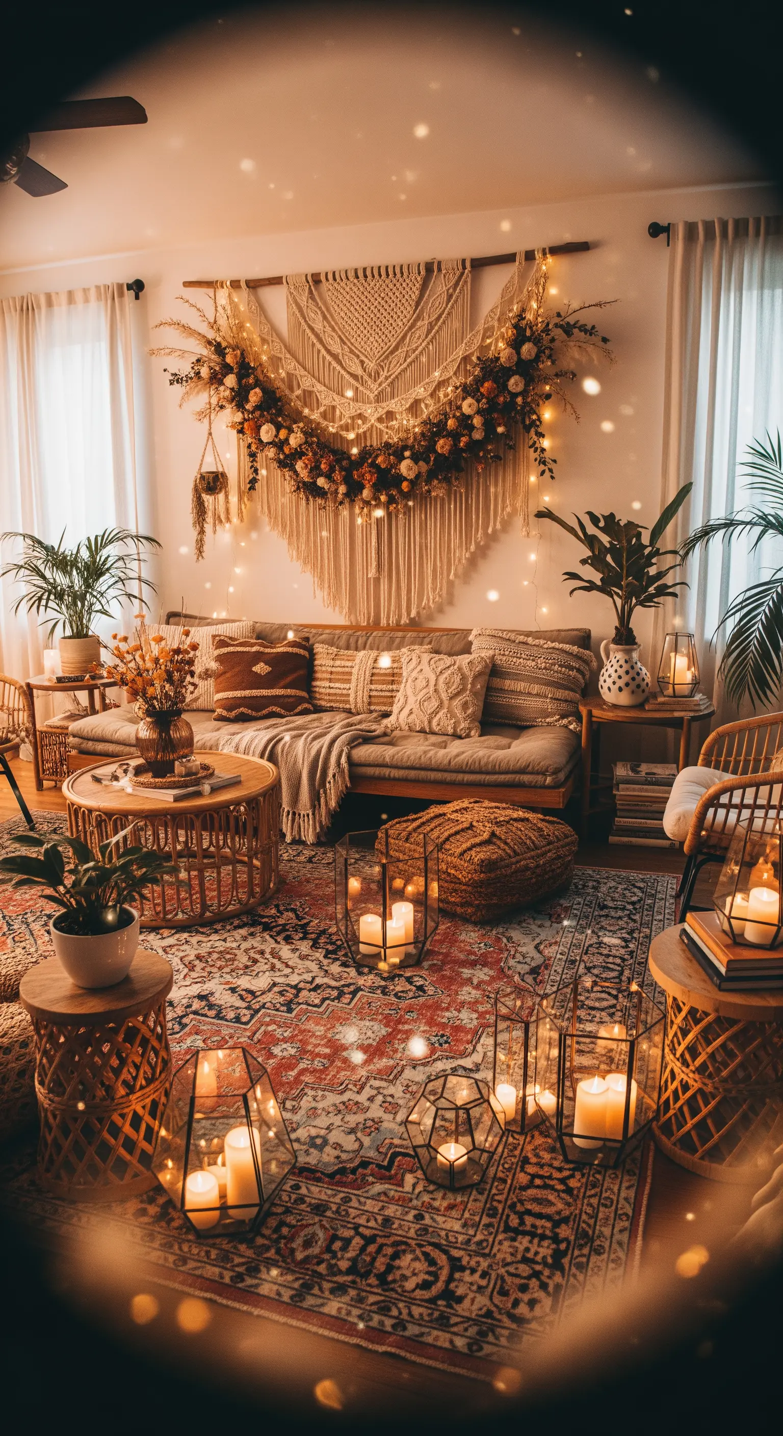 Boho-Wohnzimmer mit großem Makramee an der Wand, geschmückt mit Blumen und Lichtern