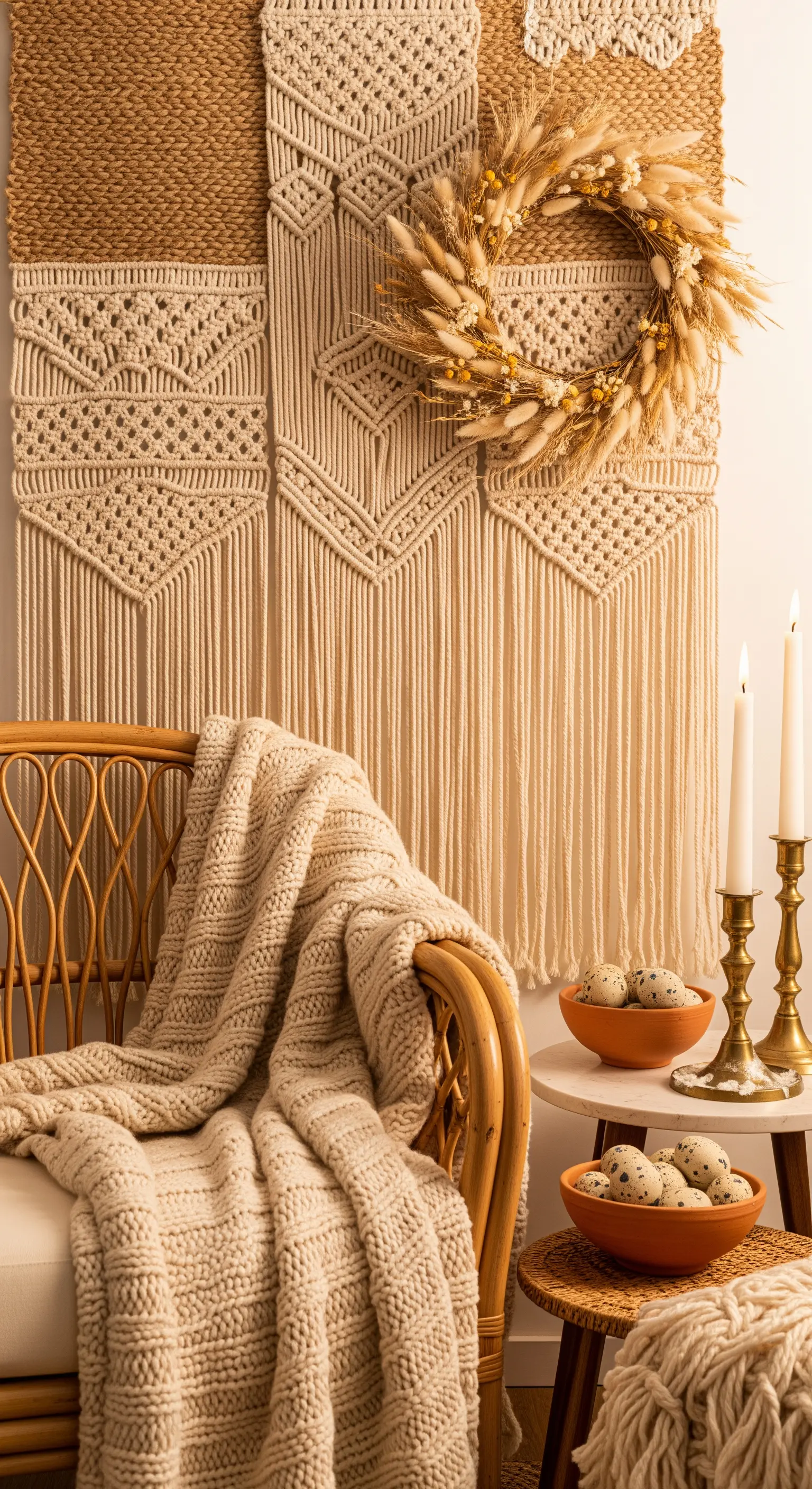 Makramee-Wandbehang mit Trockenblumenkranz und Kerzen