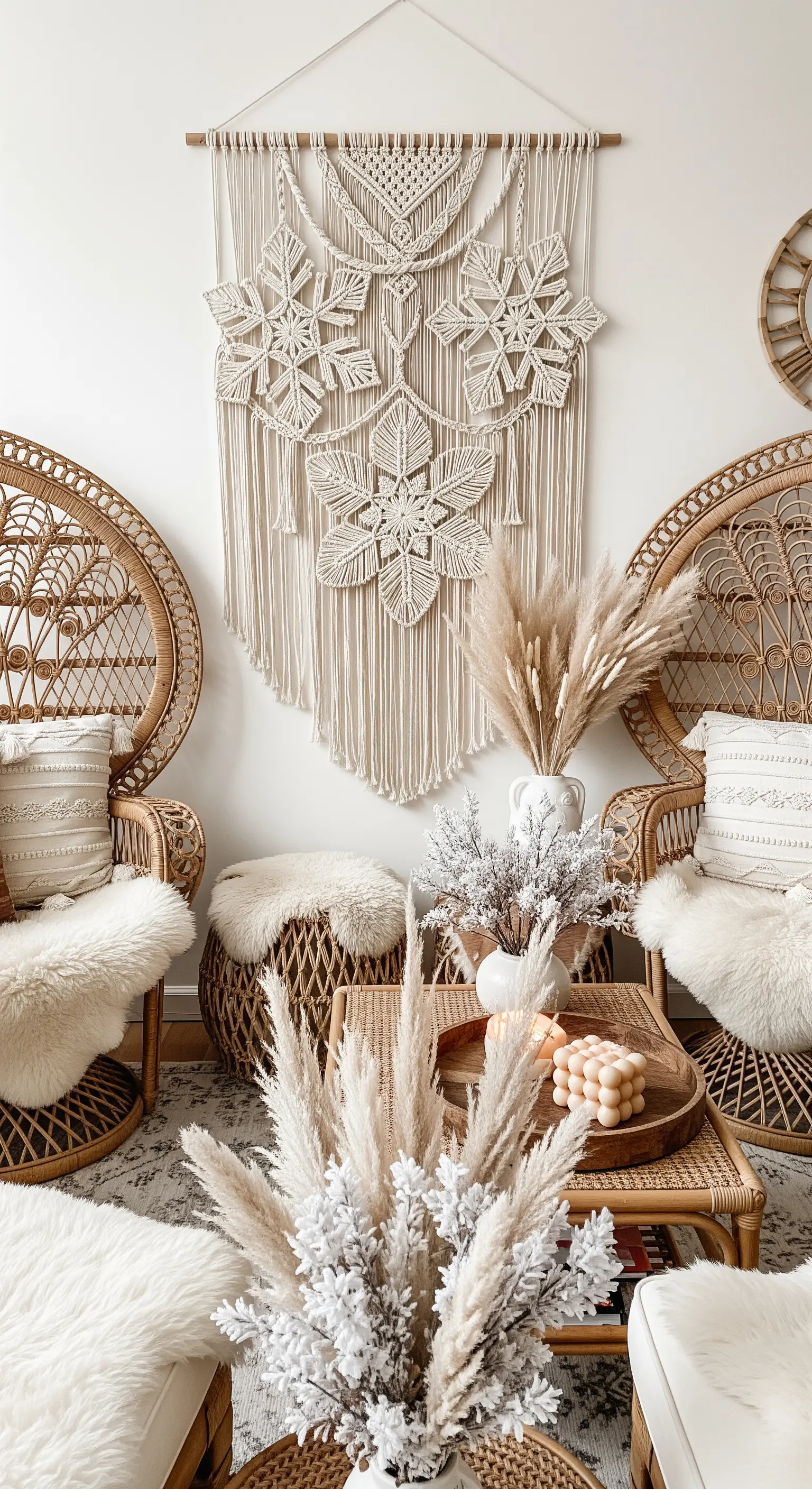 Makramee-Schneeflocke an der Wand mit Rattanmöbeln