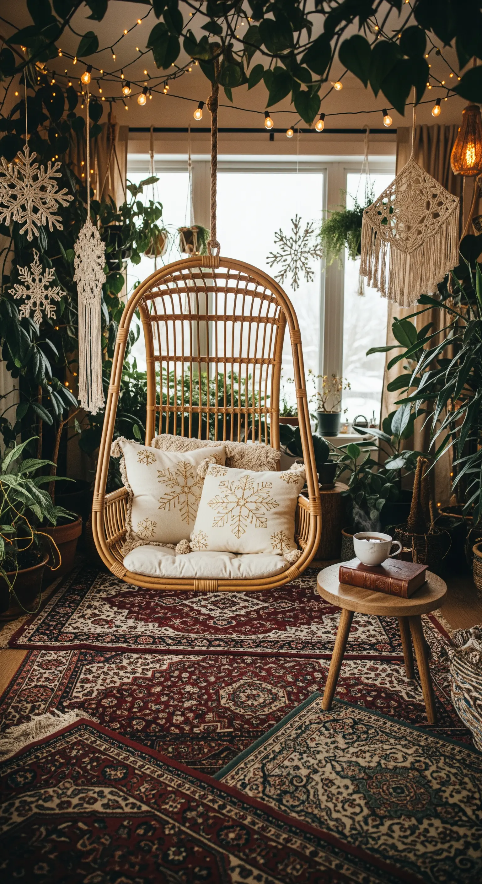 Rattan-Hängesessel umgeben von Pflanzen und Makramee-Schneeflocken