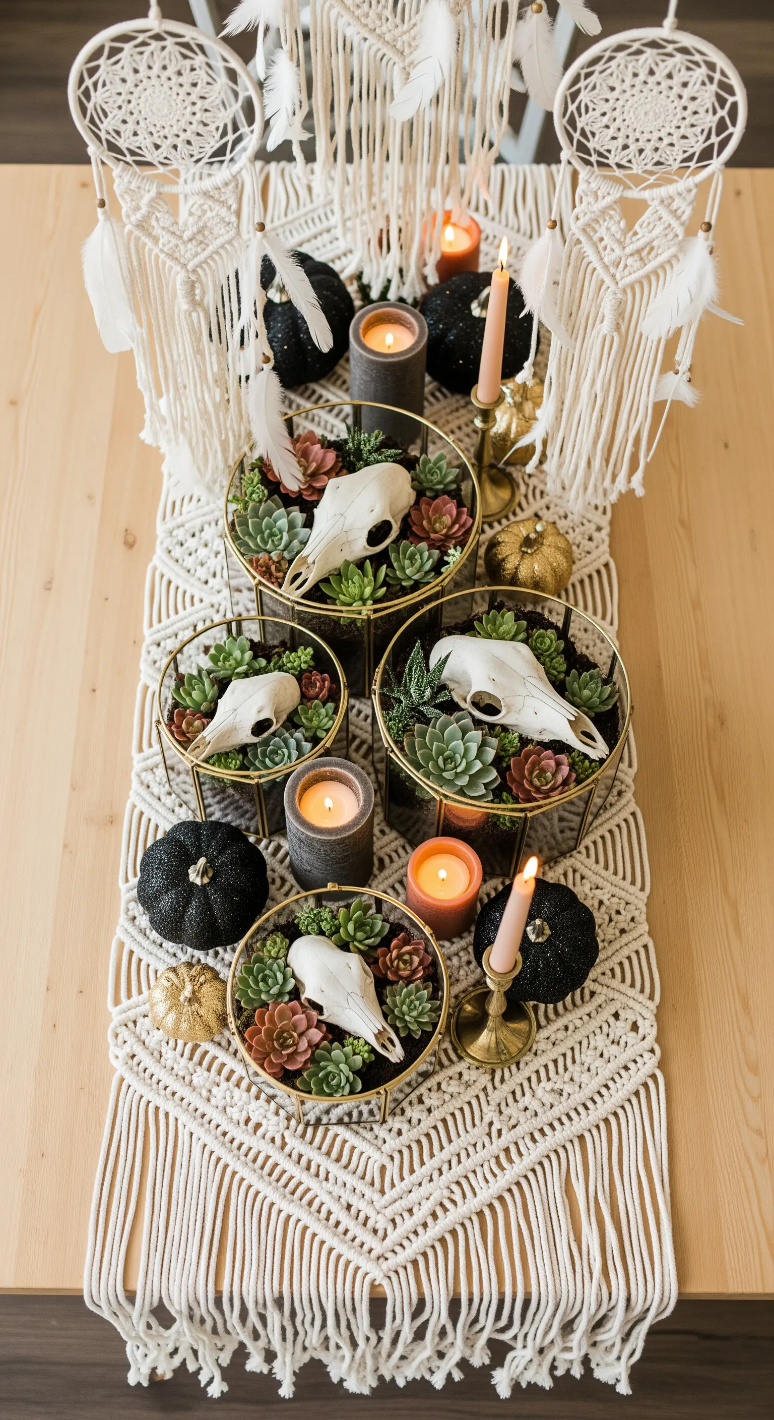 Tierschädel, Sukkulenten und schwarze Kerzen auf Makramee-Läufer