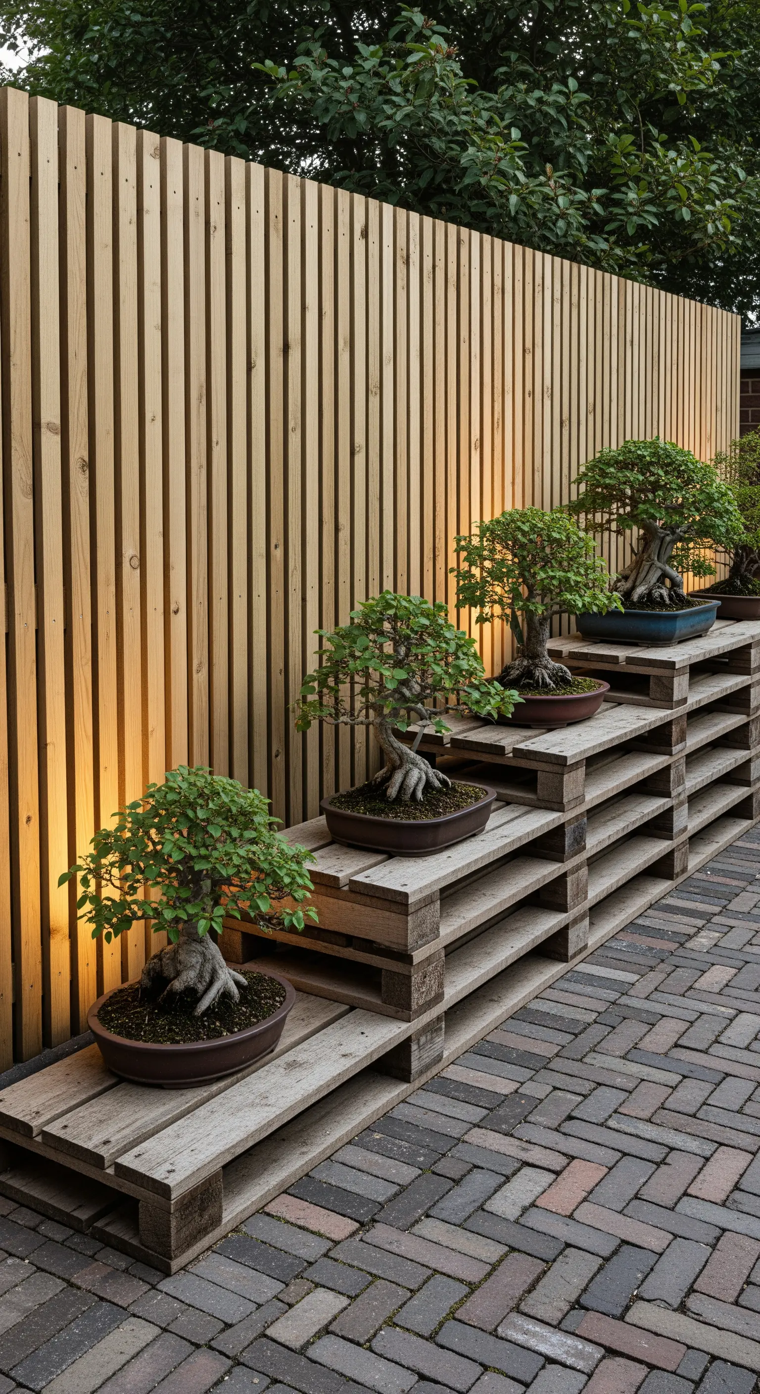 Bonsai-Bäume auf Holzregal vor beleuchteter Wand
