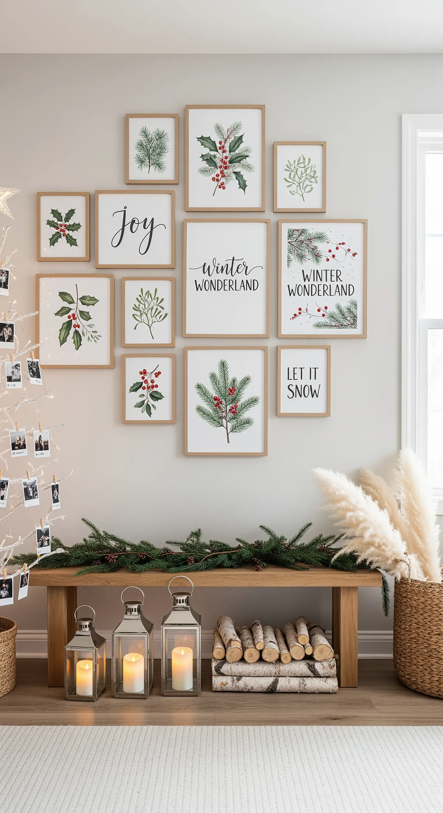 Bilderwand mit winterlichen Motiven über einer dekorierten Holzbank