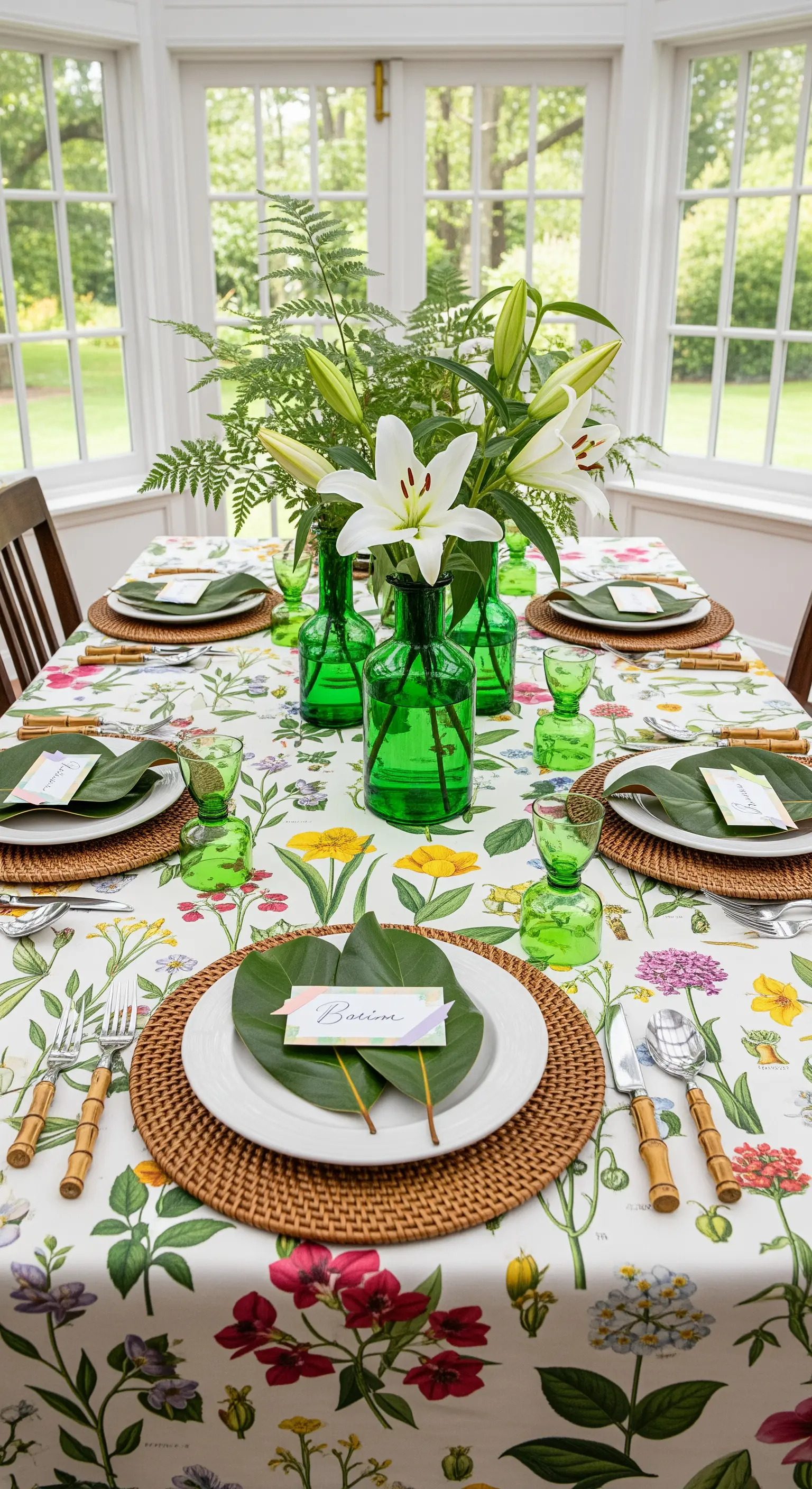 Tischdecke mit Pflanzenprint und grünen Gläsern
