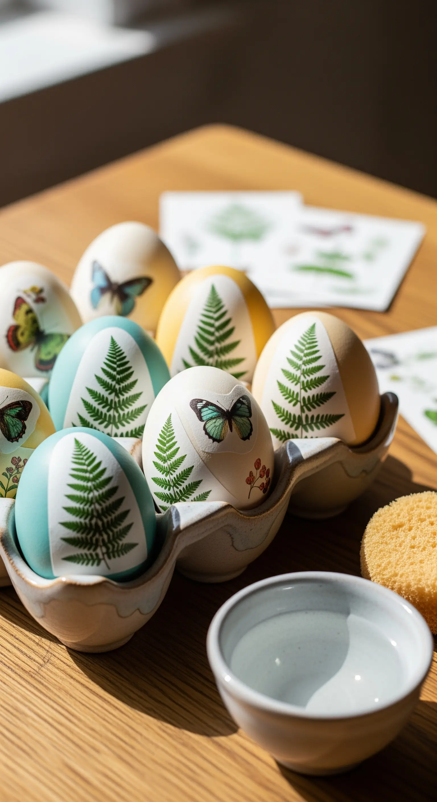 Eier mit Farn- und Schmetterlingsmotiven in Keramikhalter