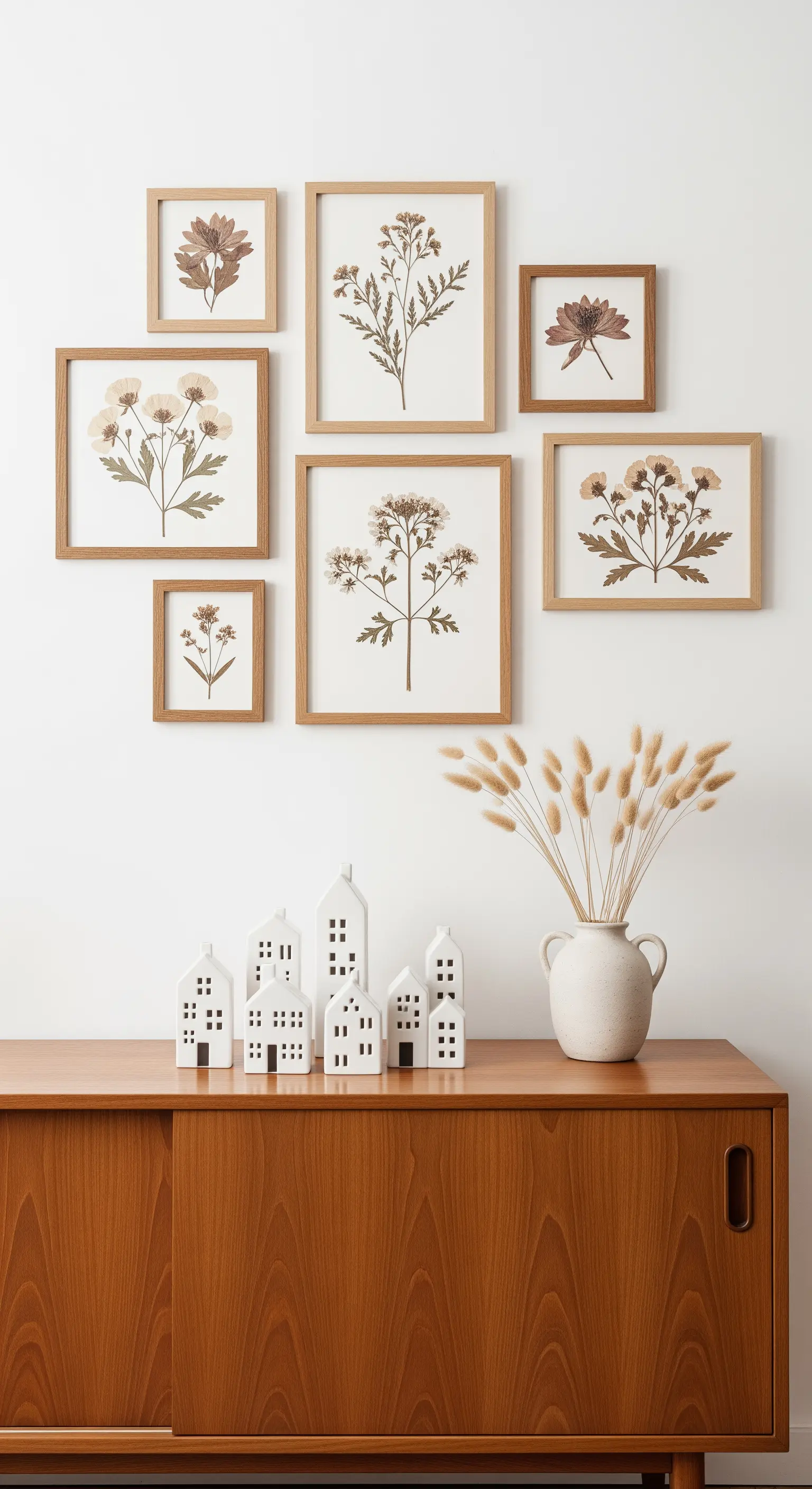 Wand mit gerahmten gepressten Blumen über Sideboard mit Keramikhäusern