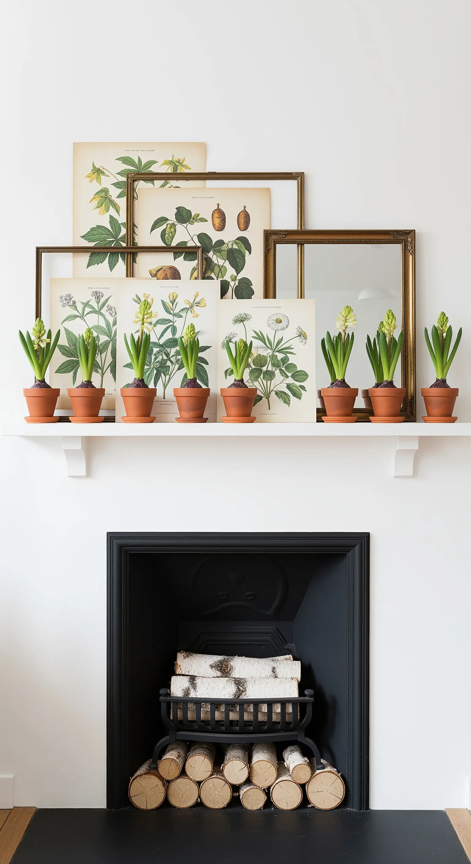 Botanische Drucke und Hyazinthenzwiebeln auf Kaminsims