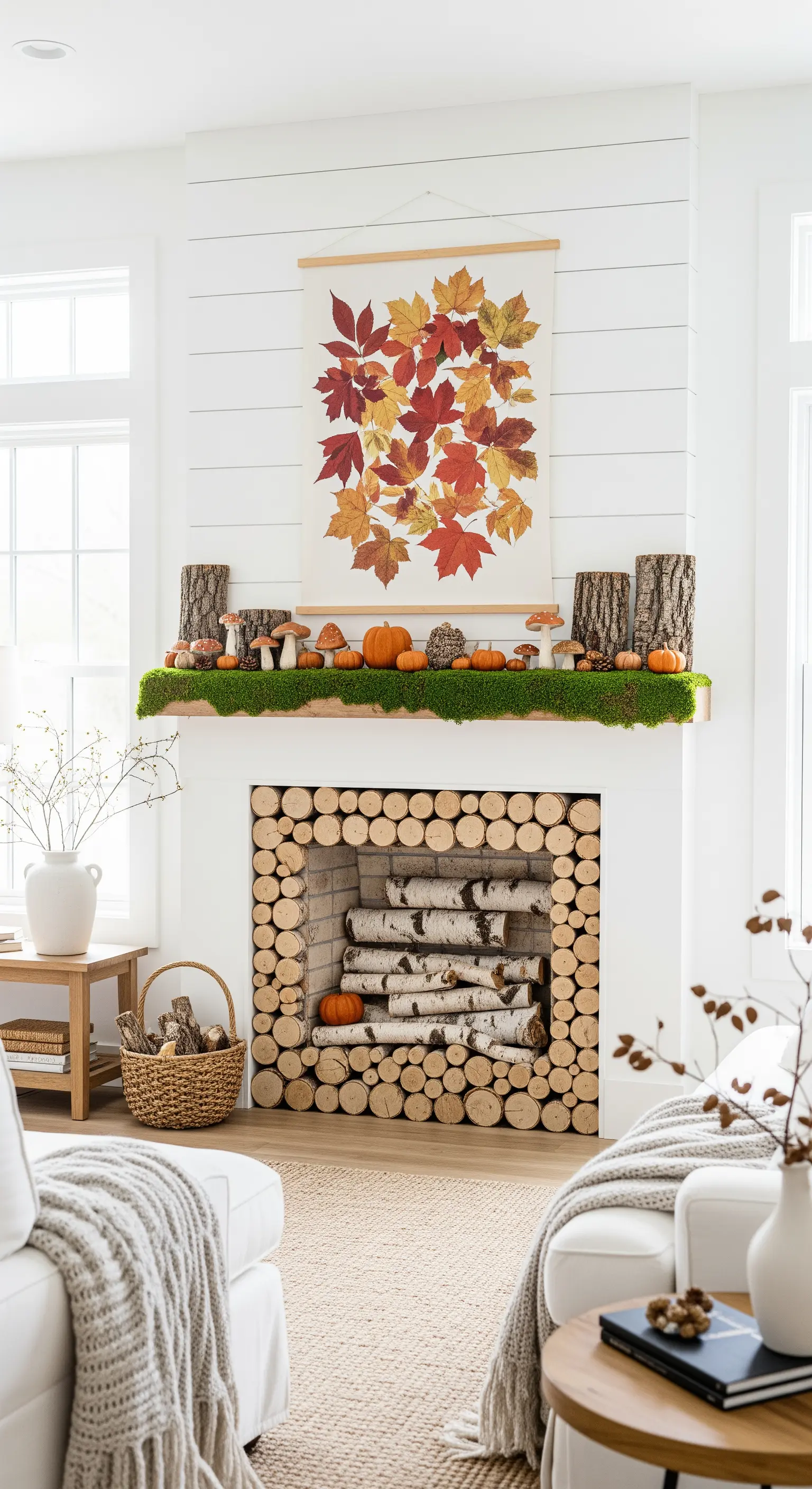 Kamin mit botanischem Blatt-Print und Moos-Deko